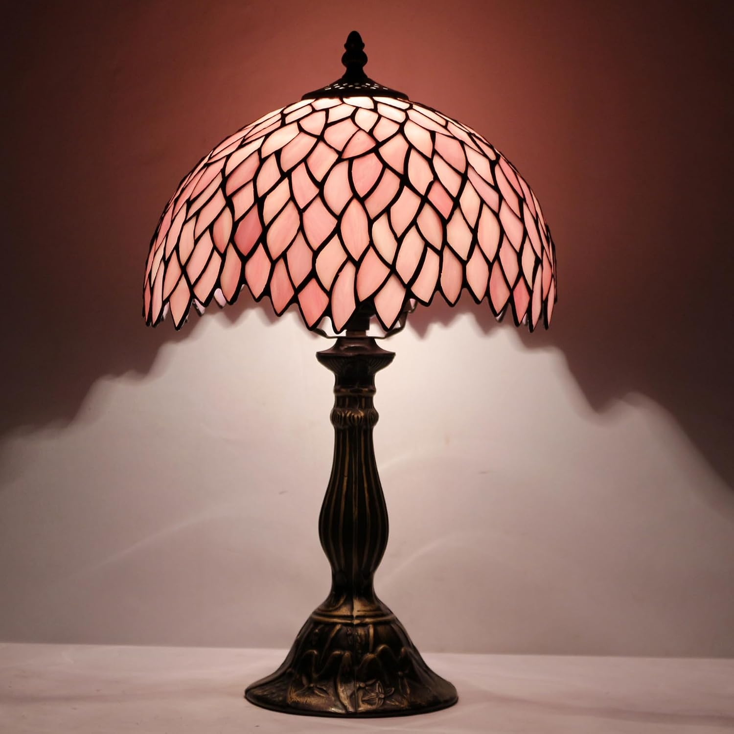 WERFACTORY Tiffany Table Lamp Pink Wisteria Style Stained Glass Desk Light | Bedside Reading Light 12X12X18 Inches Decor Bedroom Living Room Home
