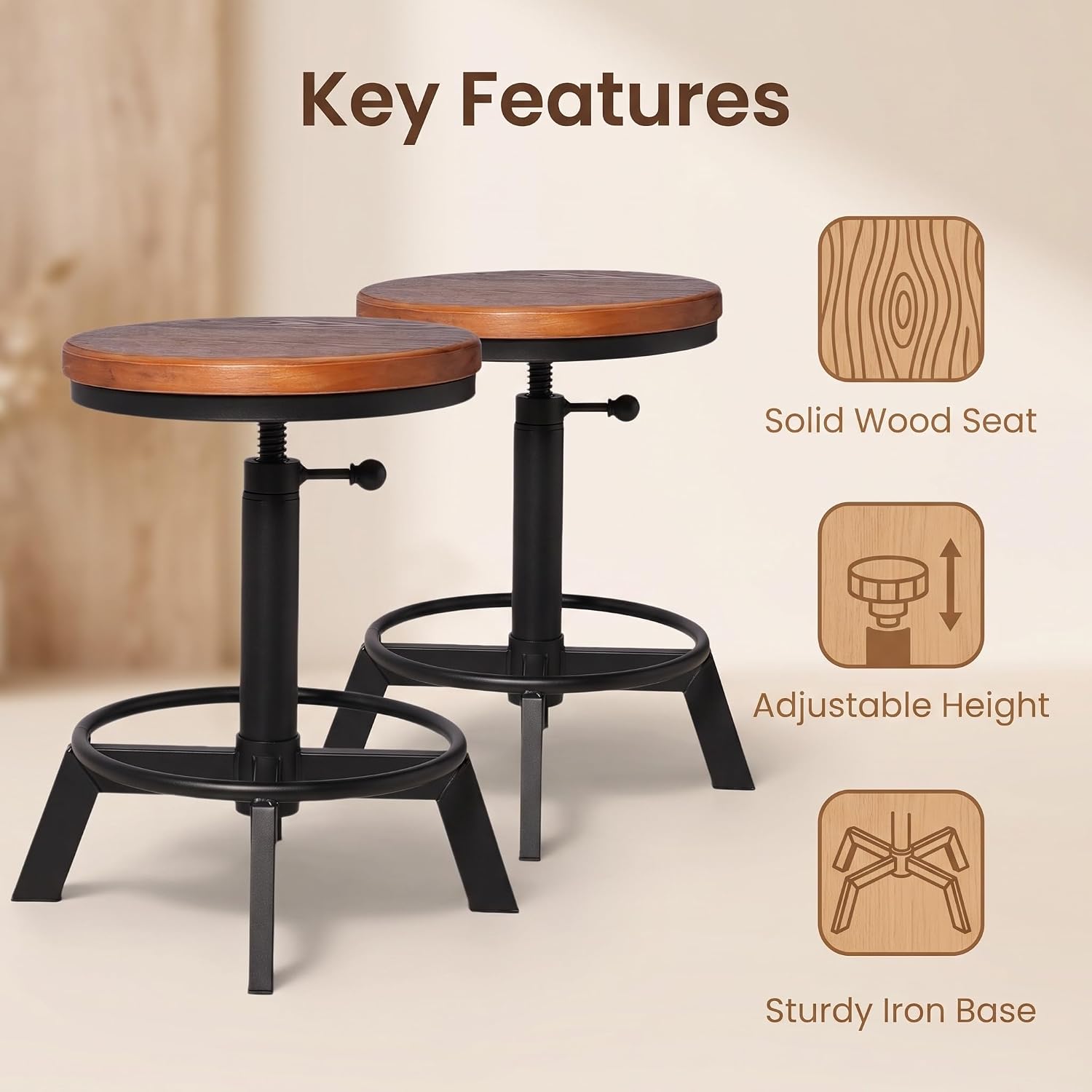 Set of 2 Industrial Bar Stools Short Stool Swivel Wooden Seat Kitchen Island Chairs Counter Height Adjustable 15.2-21inch