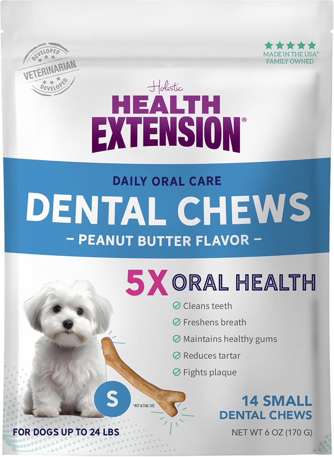 Health Extension Probiotic Dental Bones for Dogs, 14 Small Bones, Cleans Teeth, Healthy Gums, Freshens Breath, Training or Reward, 6 oz Bag (Pack of 1)