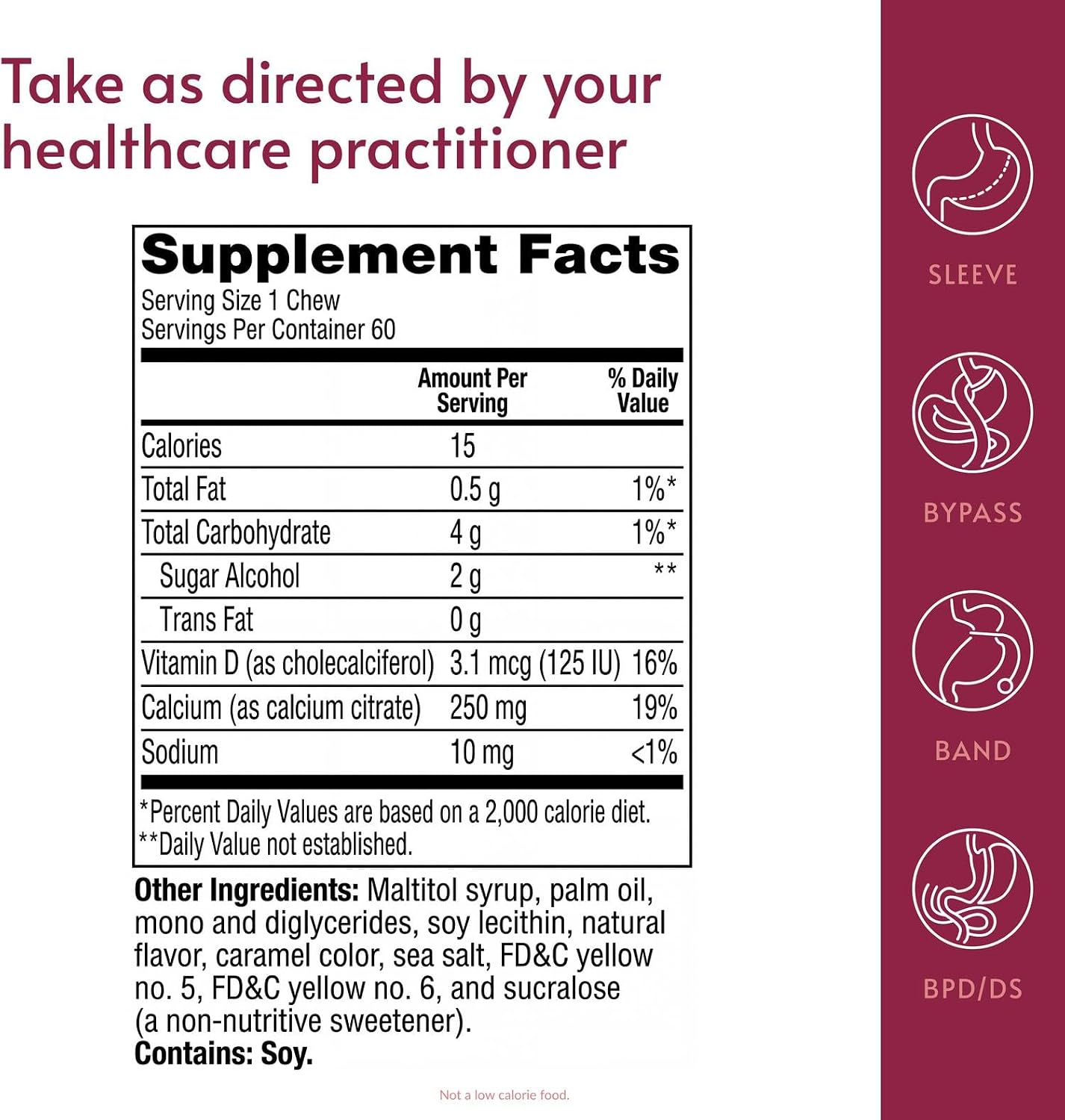 Bariatric Advantage Calcium Citrate Chewy Bites 250 mg with Vitamin D3 - Chewable Supplement for Bariatric Surgery Patients - Sugar-Free Calcium