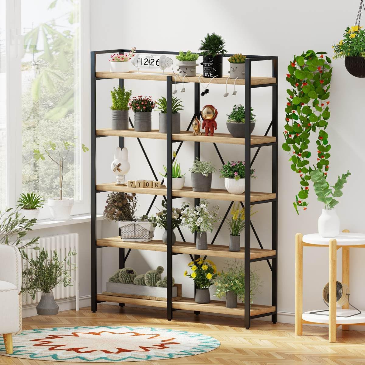 FATORRI Bookshelf, 5 Tier Industrial, 51 Inch Wide 69 Inch Tall Etagere Bookcase