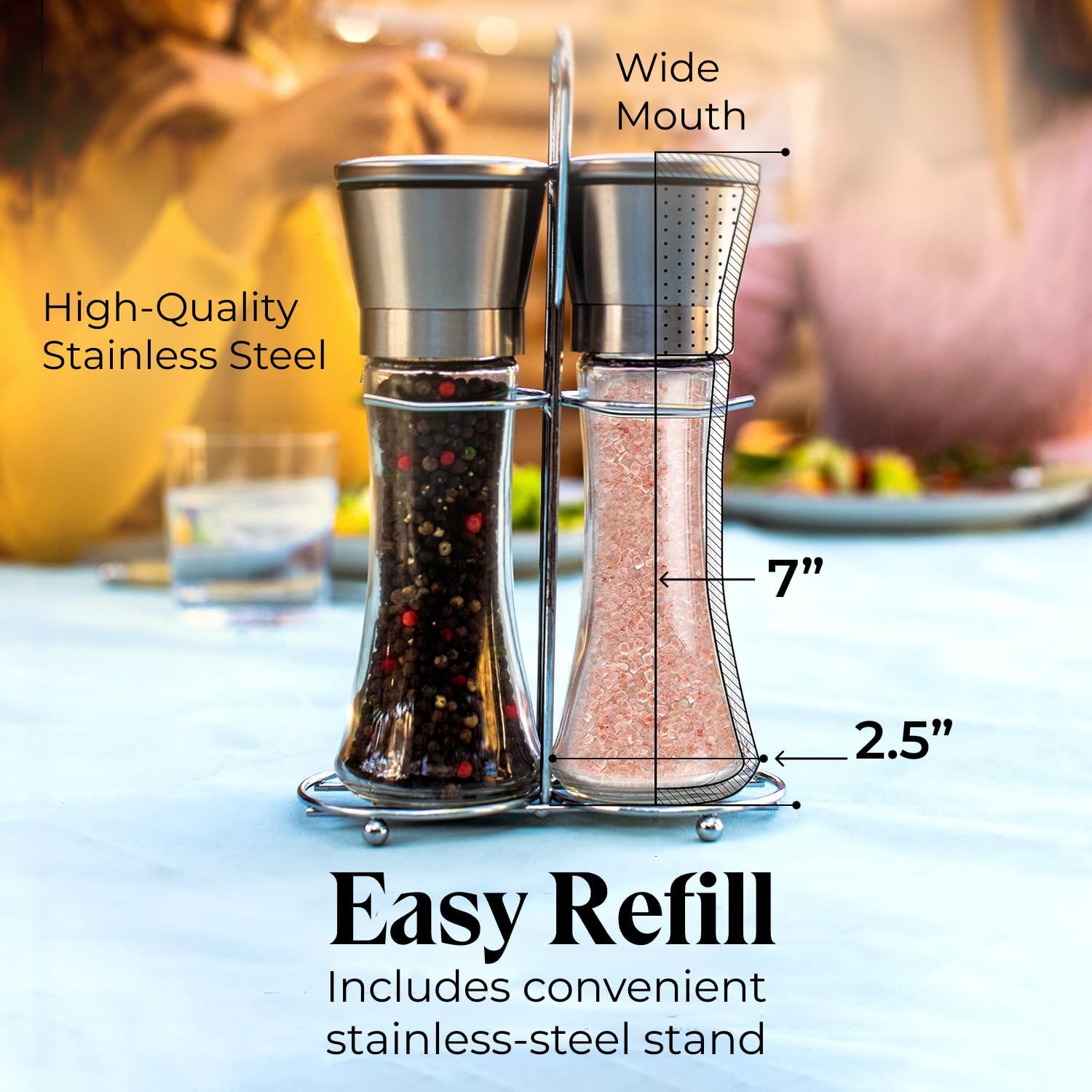 Willow & Everett Salt & Pepper Grinder Set with Stand - Stainless Steel Manual Mills & Holder with Adjustable Coarseness