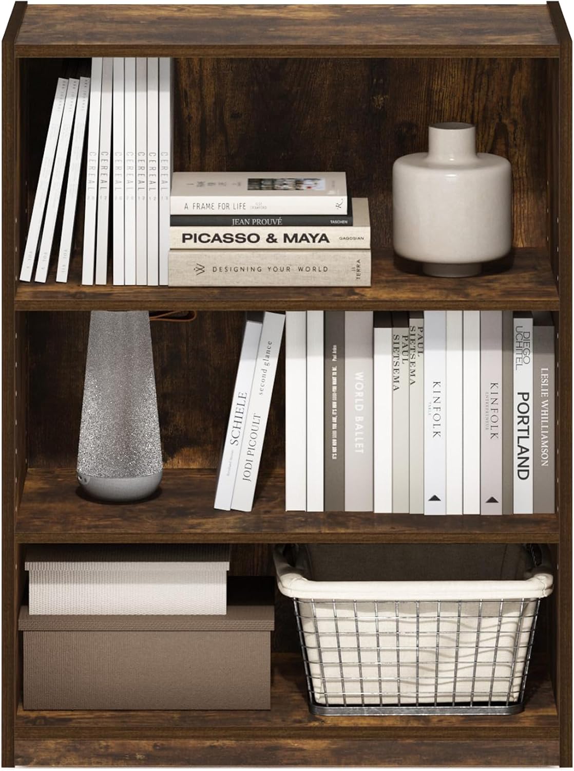 Furinno Jaya Book Shelf, 3-Tier Bookshelf, Bookcase with Adjustable Shelves, 9.5 x 24.5 x 40.3, for Organization and Storage, for Living Room, Bedroom, Home Office, White
