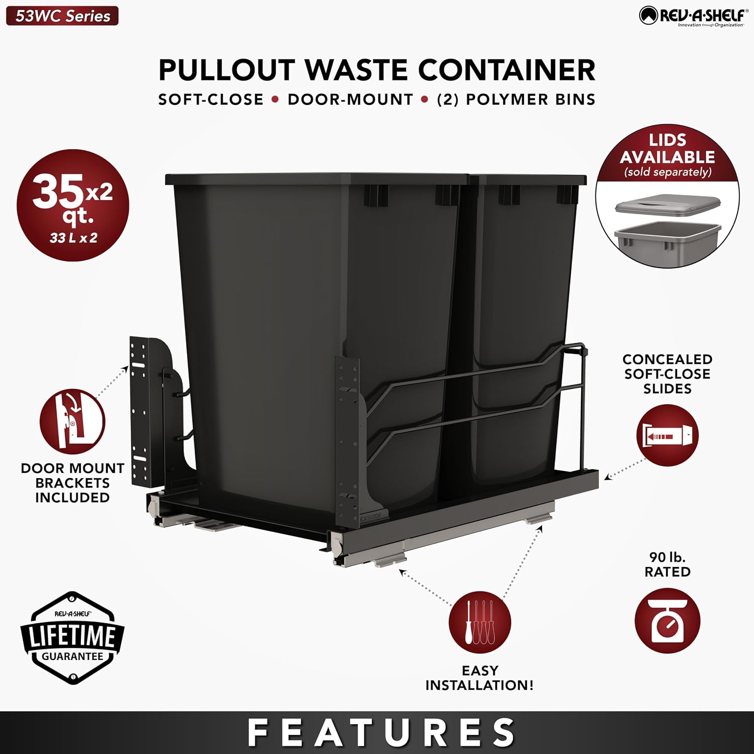 Rev-A-Shelf Double Pullout Trash Can w/Soft-Close Slides, 14.5" Min Opening | Large Capacity Garbage/ Recycling Waste Bins for Under Kitchen Cabinets, Heavy Gauge Wire Construction, 53WC-1835SCDM-217