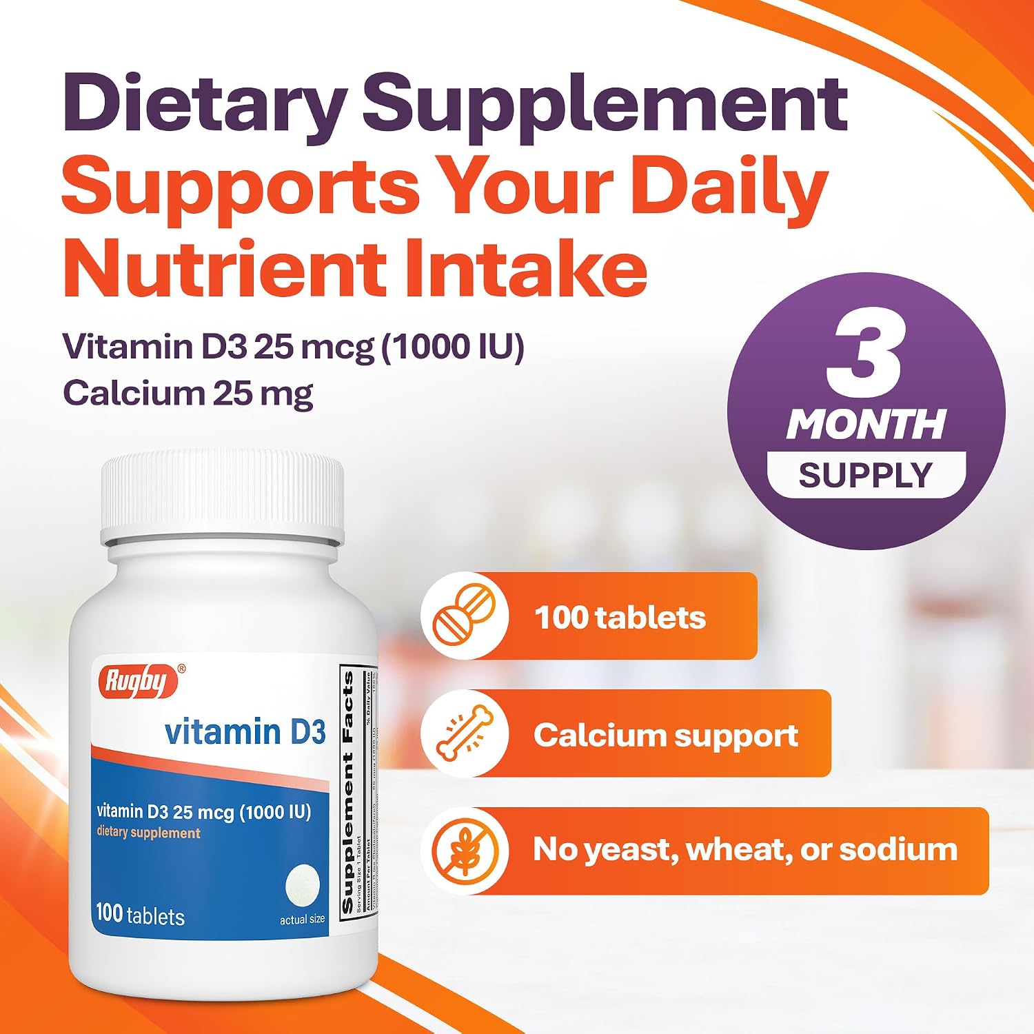 Rugby Vitamin D3, 25 mcg (1,000 IU) Dietary Supplement, 100 Count (1-Pack)