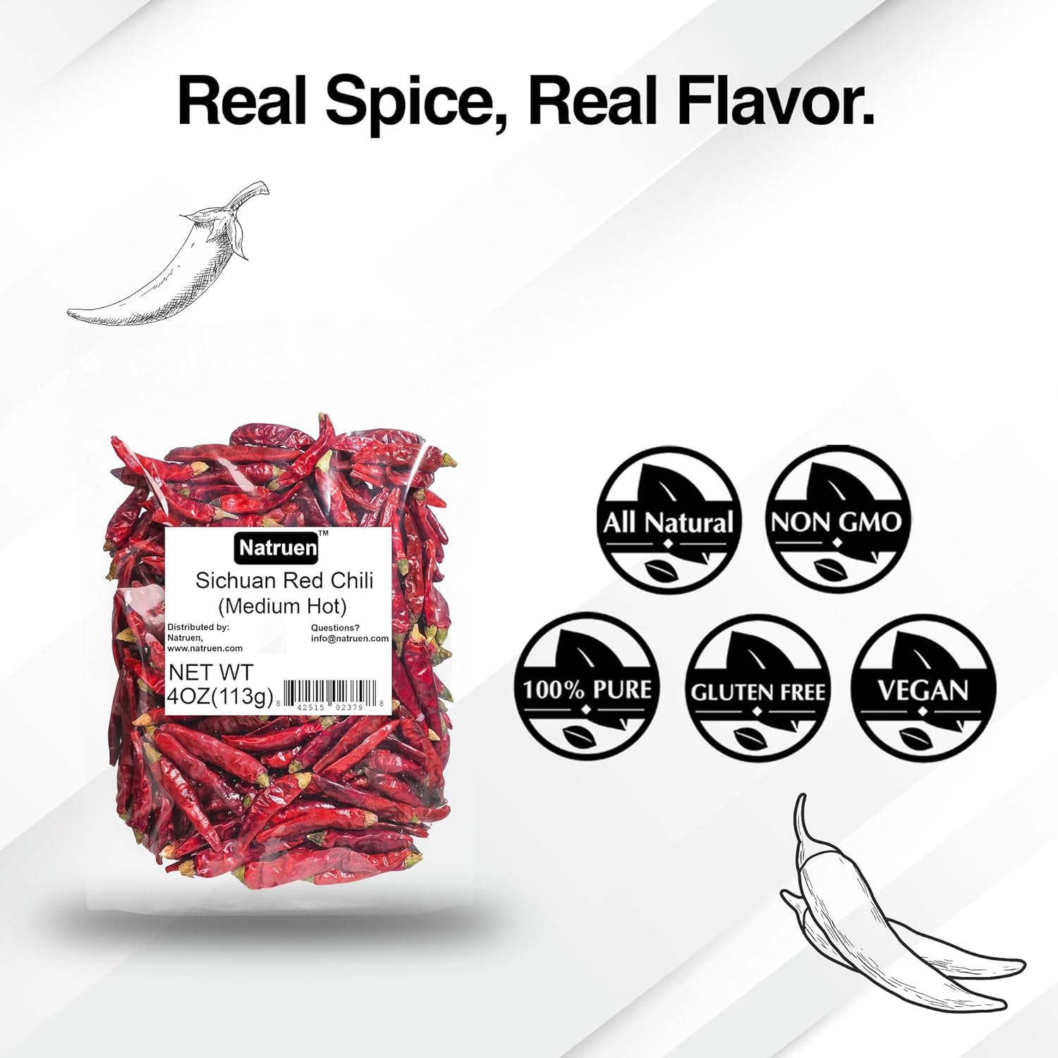 Natruen Dried Sichuan Red Chili Pods 4 oz, Medium Hot, Whole Chilies