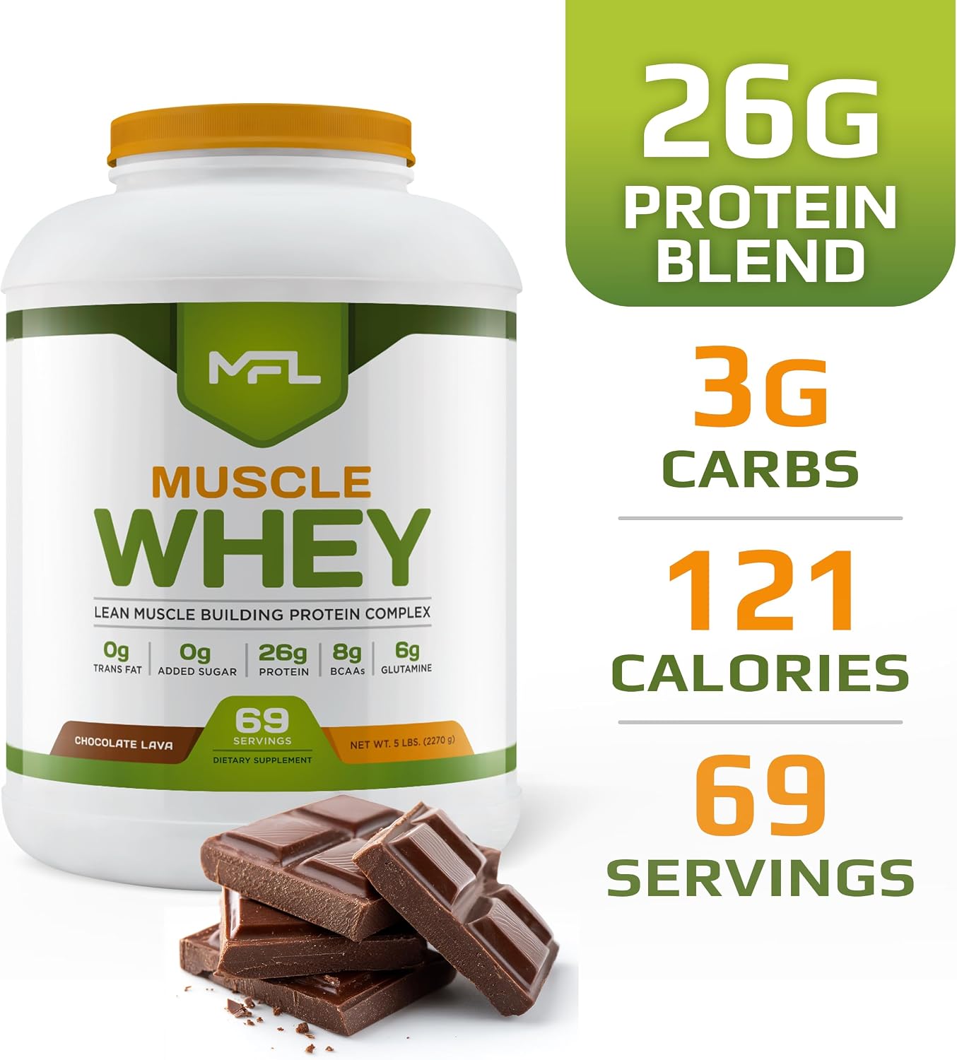 MFL Muscle Whey Protein l 28g of Protein l 8g BCAAs l Keto Friendly l Low Carbs l 5 lbs. (Vanilla Bean)