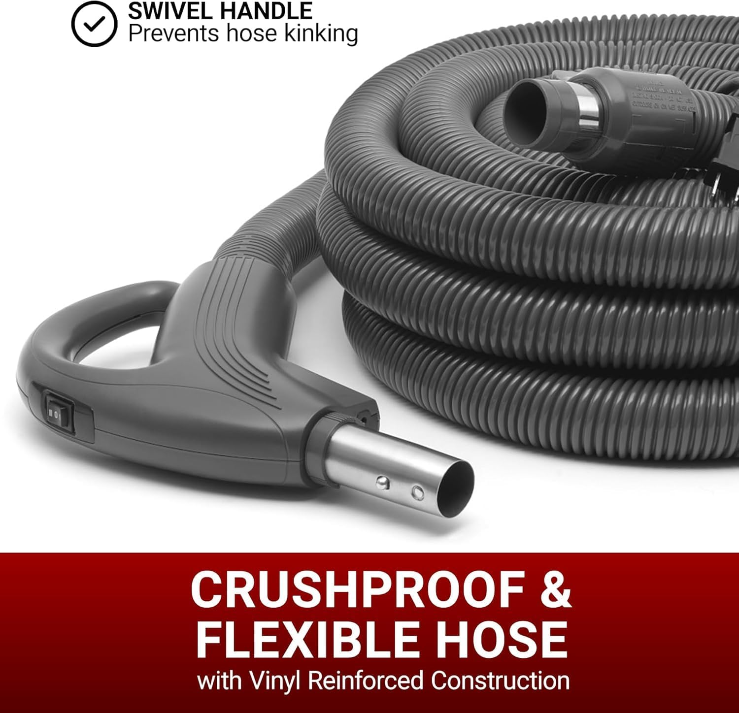 Broan NuTone by Drainvac 30FT Central Vacuum Hose for Electric Powerhead Brush – Crushproof Kink-Resistant Hose and 3-Position On/Off Switch –