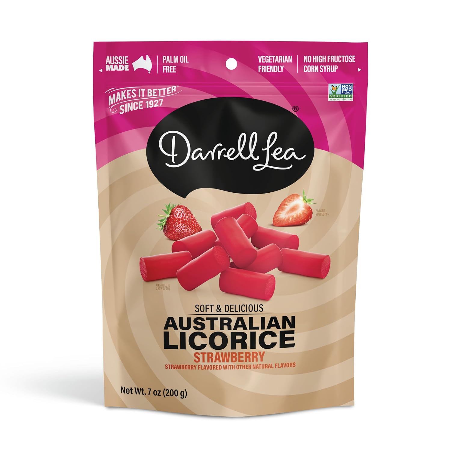 Darrell Lea Soft Australian Licorice, Non-GMO, No Palm Oil, Vegetarian Friendly, No High Fructose Corn Syrup, Soft & Chewy Licorice Candy, Made in Australia (Strawberry, 7 Ounce (Pack of 1))