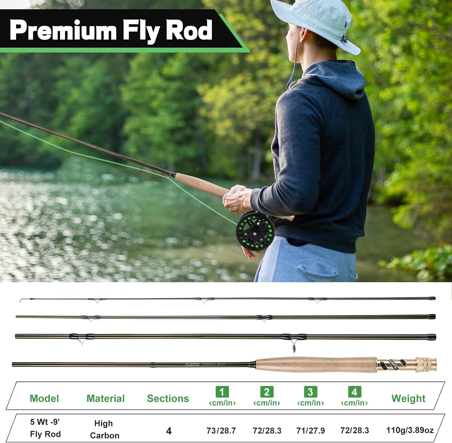 PLUSINNO Fly Fishing Rod and Reel Combo Kit, Fly Fishing Rod for Starters | 4 Piece Lightweight Ultra-Portable Graphite 5 Wt -9' Fly Rod, 5/6 Reel