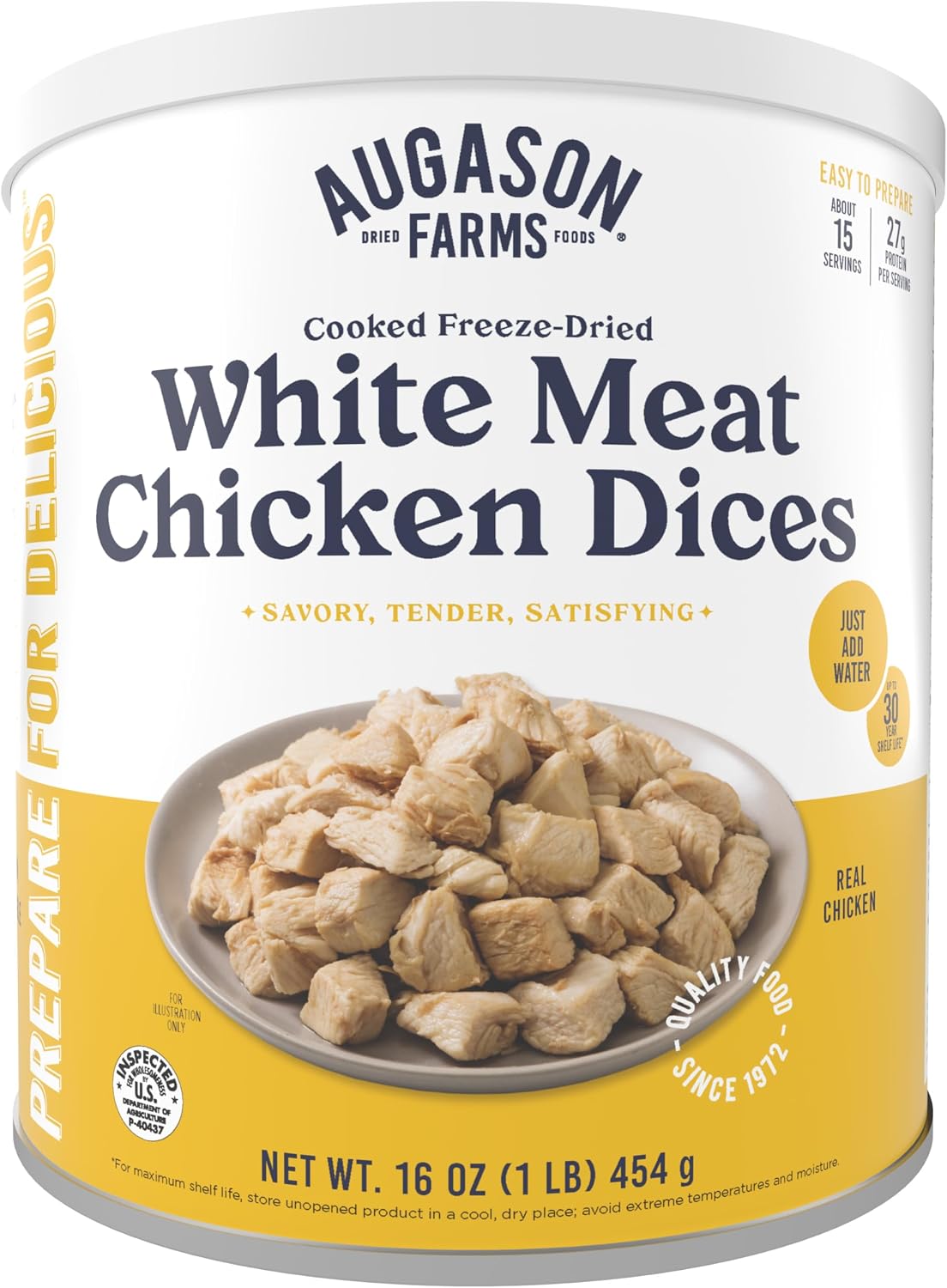 Augason Farms Cooked Freeze Dried White Meat Chicken Dices Can | Emergency Food Supply, Everyday Meals, 15 Servings