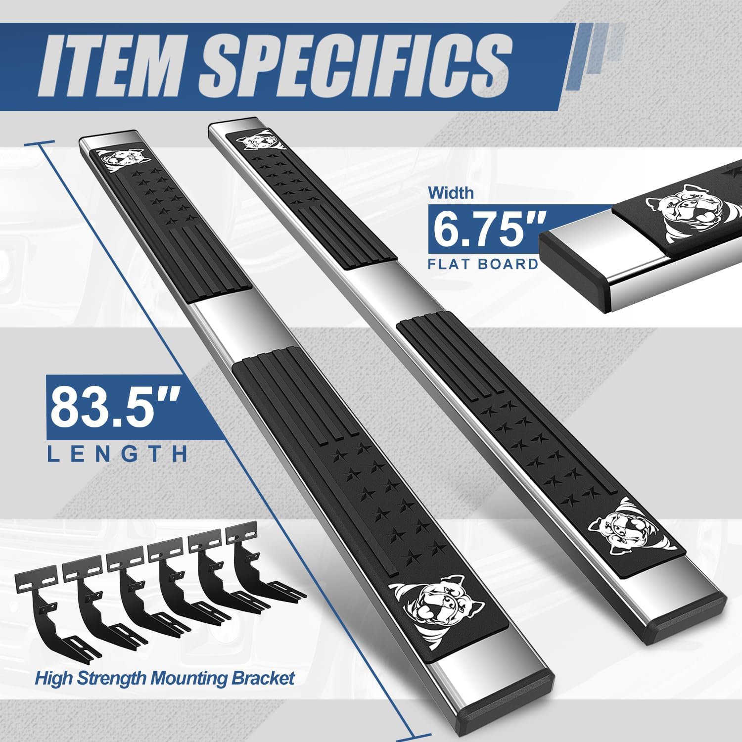 Auto Dynasty Running Board for 2009-2023 Ram 1500-3500 Classic Crew Cab 4DR | 6.75" Stainless Steel Bull Dog Pattern Step Pads