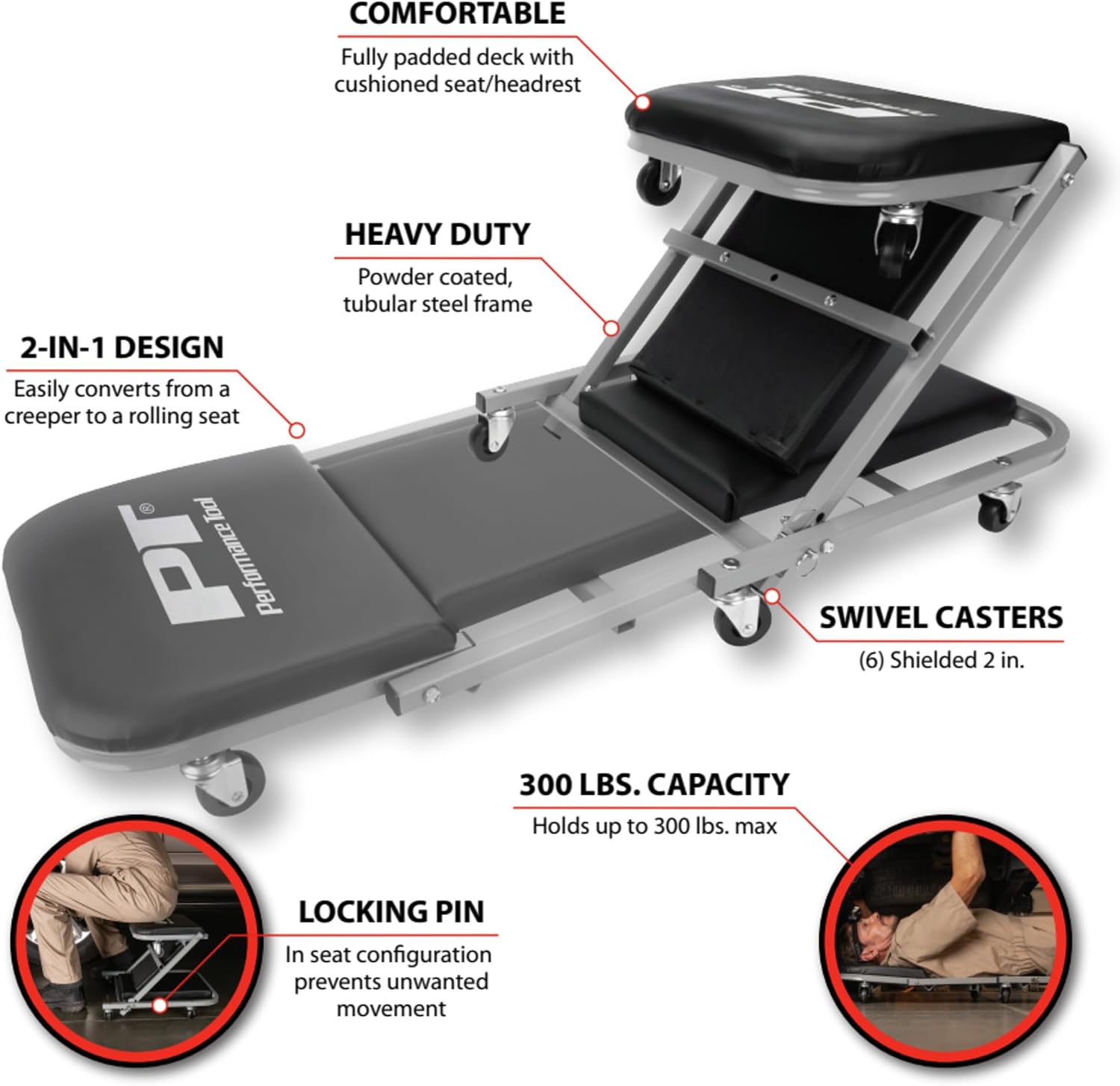 Performance Tool W85014 38 in. Low-Profile Automotive Mechanics Creeper | Oversized x-frame low profile creeper with 2-inch extra cushion padding. 5-inch jumbo swivel casters. 300 lb. capacity