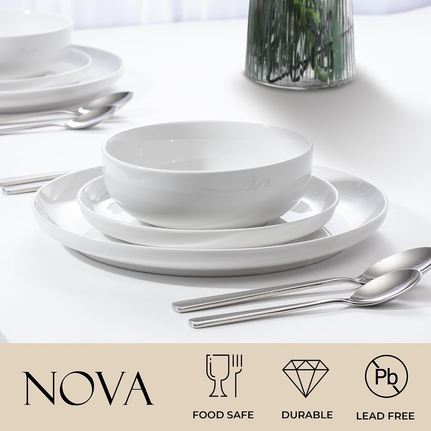 Zulay Kitchen Luna Plates and Bowls Sets, 16 Piece Modern Porcelain Dish Set for 4, Chip and Scratch Resistant Square Dinnerware Set