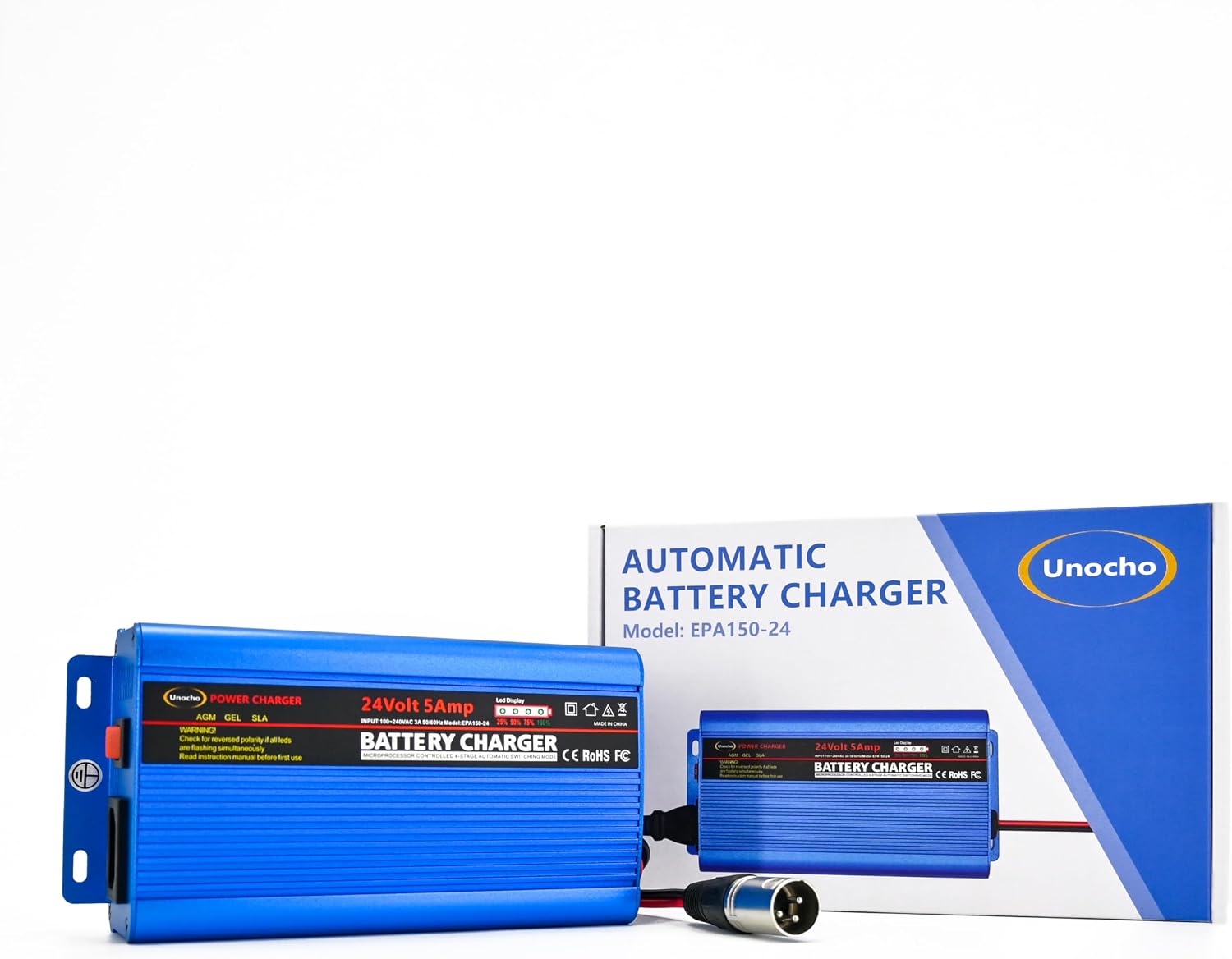Unocho 24V 5A Battery Charger Maintainer 4-Stage Smart Lead-Acid Charger with 3-Pin XLR Connector Power Switch and LED Display for Wheelchairs Mobility Scooters AGM Gel SLA VRLA