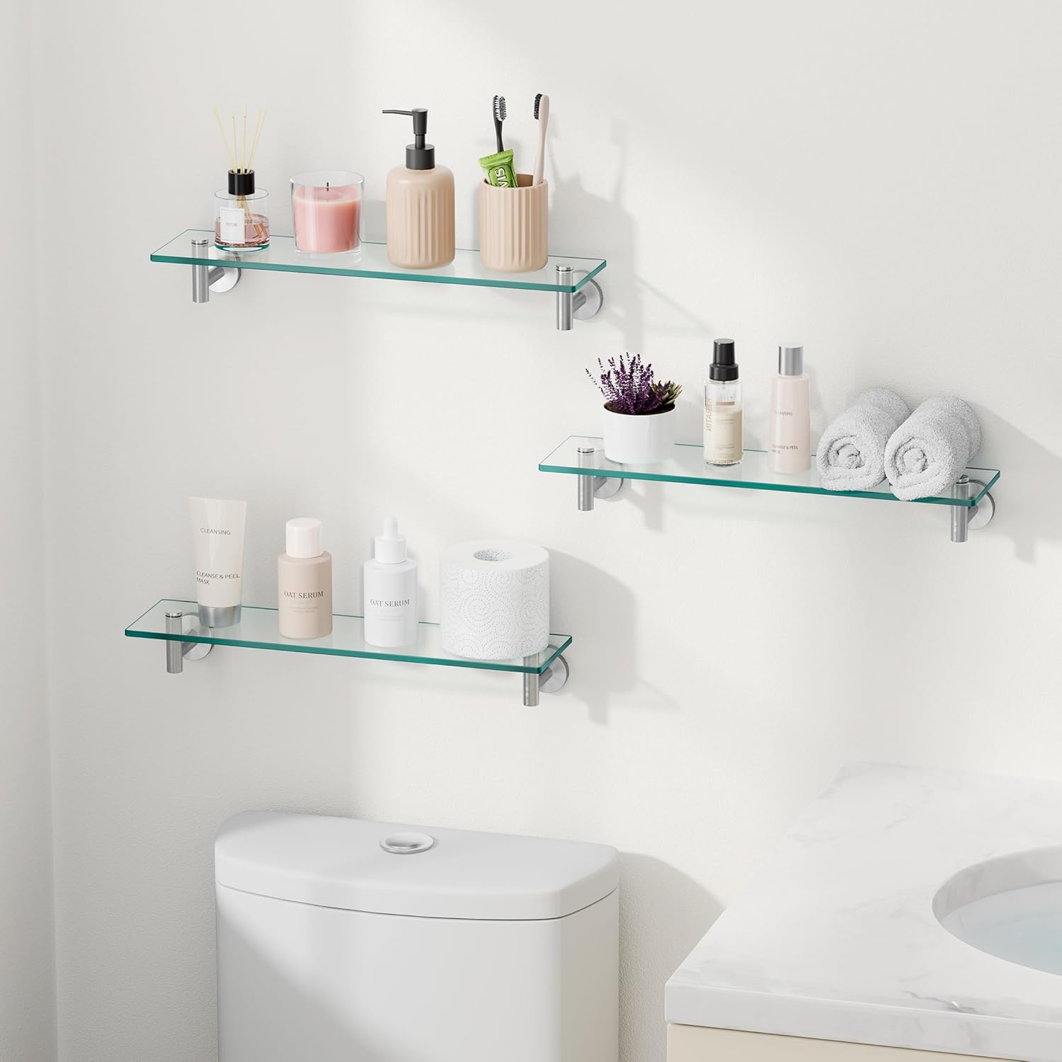 KES Glass Shelf for Bathroom, 20-Inch, 3 Pack, Brushed Finish