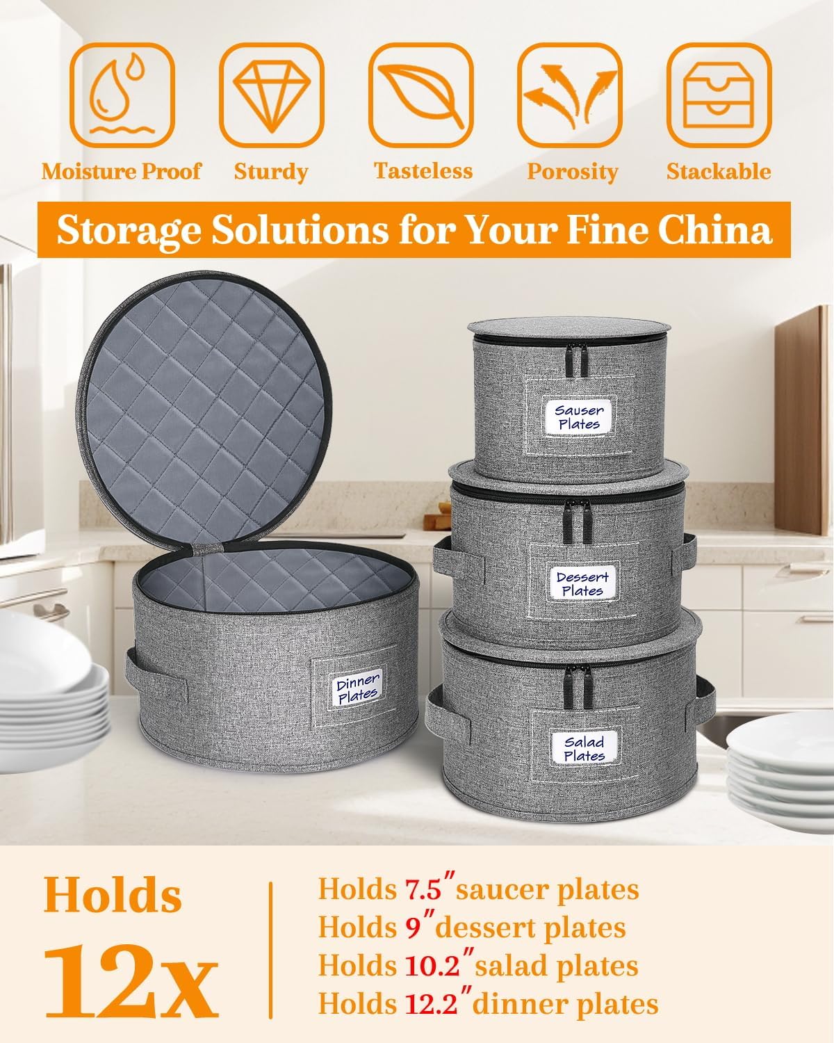China Storage Containers, 4-Pack Hard Shell Plate & Dish Cases for Moving | Padded dividers and quilted lining protect plates and dishes; stackable for moving and holiday storage, beige hold set of 12