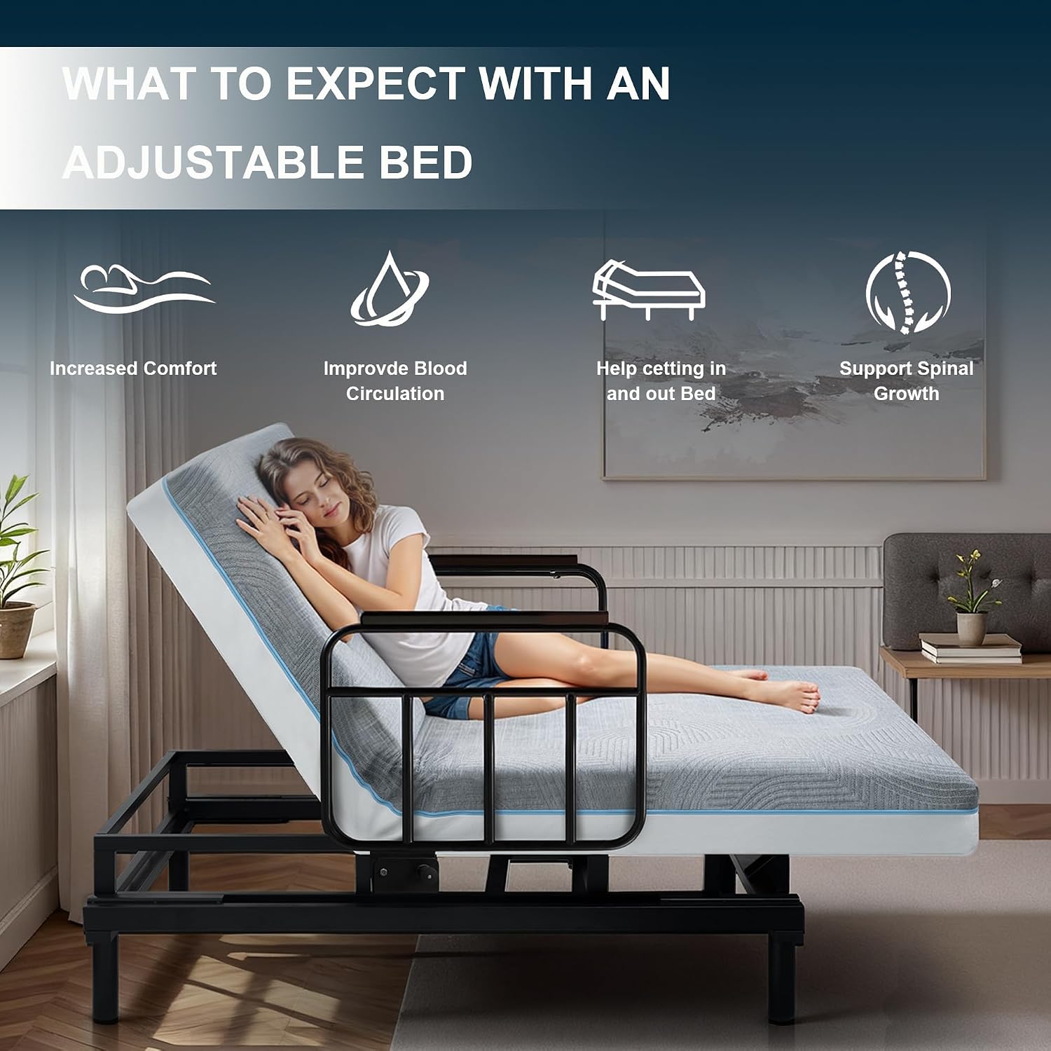 Electric Lift Bed for Elderly, Remote Control Adjustable Bed with 5.91" Mattress, Quiet Motor and Removable Tray, Zero Gravity Position Bed Frame Suitable for Hospital/Home Care