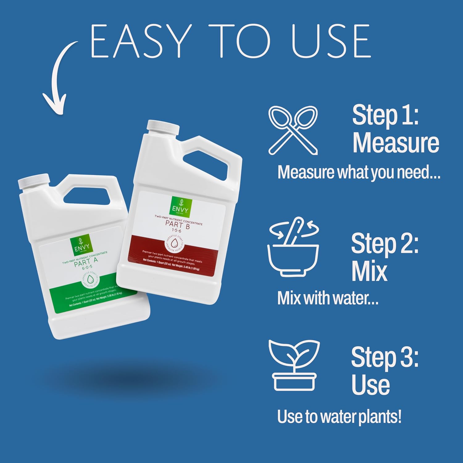 ENVY Hydroponic Plant Food A & B – Two-Part Liquid Nutrient for Indoor/Outdoor Plants – Soil, Coco, Hydroponics, DWC – Quart Set
