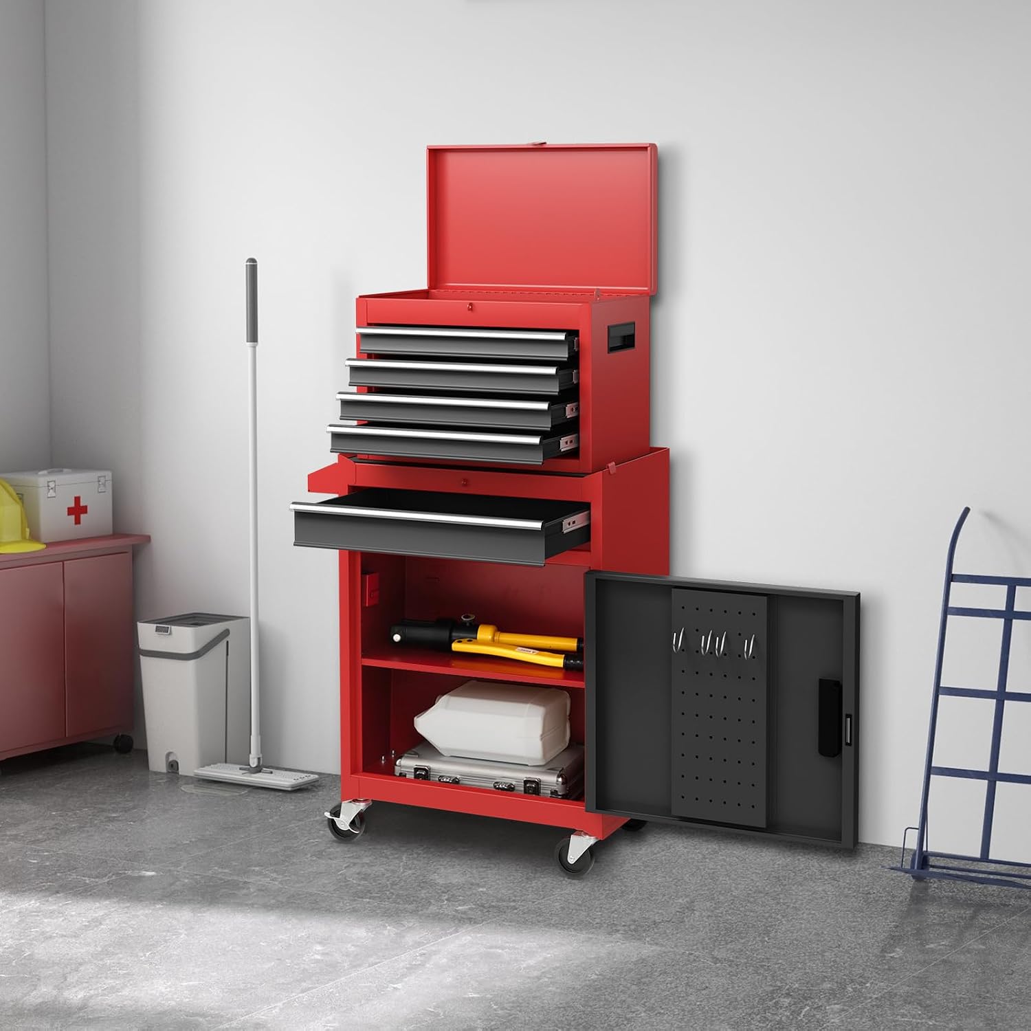 Goplus Rolling Tool Chest, 5-Drawer Tool Box Organizer w/Lockable Wheels & Sliding Drawers & Detachable Top & Adjustable Shelf, Tool Storage Cabinet for Garage Workshop (Red)