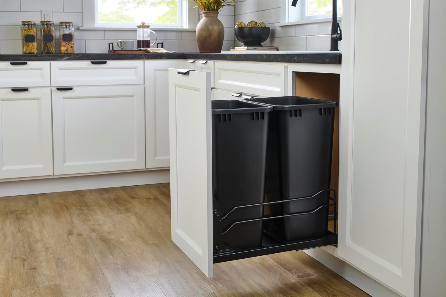 Rev-A-Shelf Double Pullout Trash Can w/Soft-Close Slides, 14.5" Min Opening | Large Capacity Garbage/ Recycling Bins for Full Height Kitchen Cabinets, Heavy Gauge Wire Construction, 53WC-2150SCDM-217