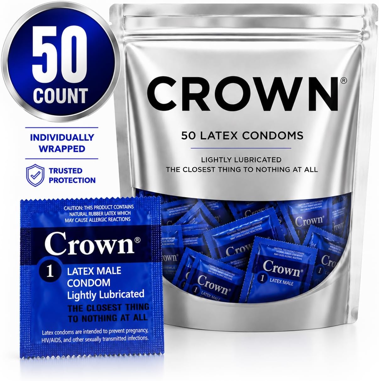 Crown Condoms, 50 Count | Lubricated, Latex, Silkier, Thinner and Stronger