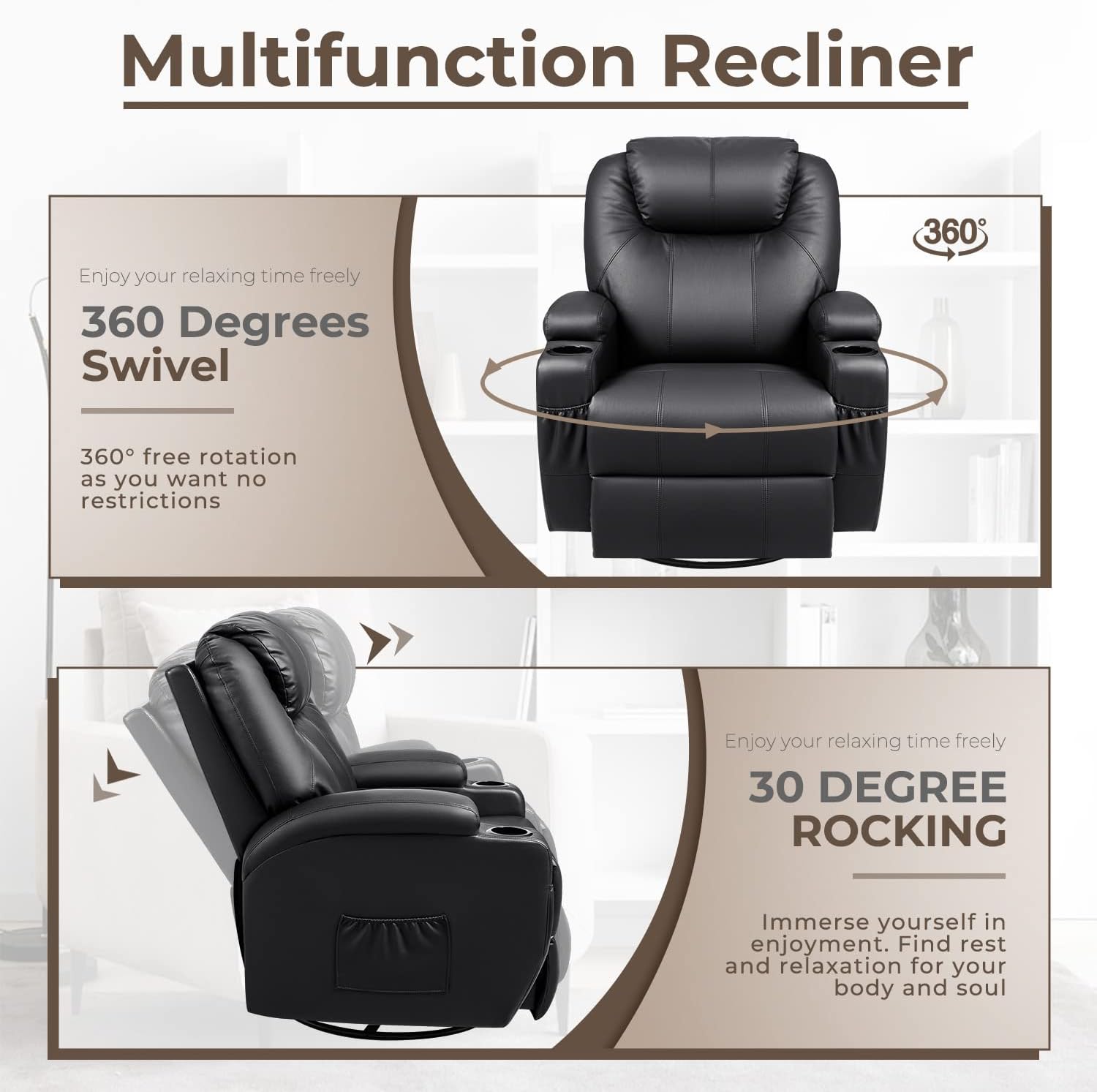 Furniwell Rocker Recliner Chair with Massage for Elderly, Leather Adjustable 360°Swivel Rocking Sofa for Living Room with Remote Control
