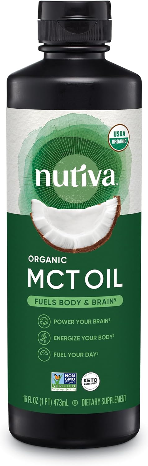 Nutiva Organic MCT Oil, Unflavored, 32 Oz, USDA Organic, Non-GMO, Non-BPA, Whole 30 Approved, Vegan, Gluten-Free & Keto, 14g MCT per Serving & Neutral Flavor for Energy Boost to Coffee, Shakes and Salads