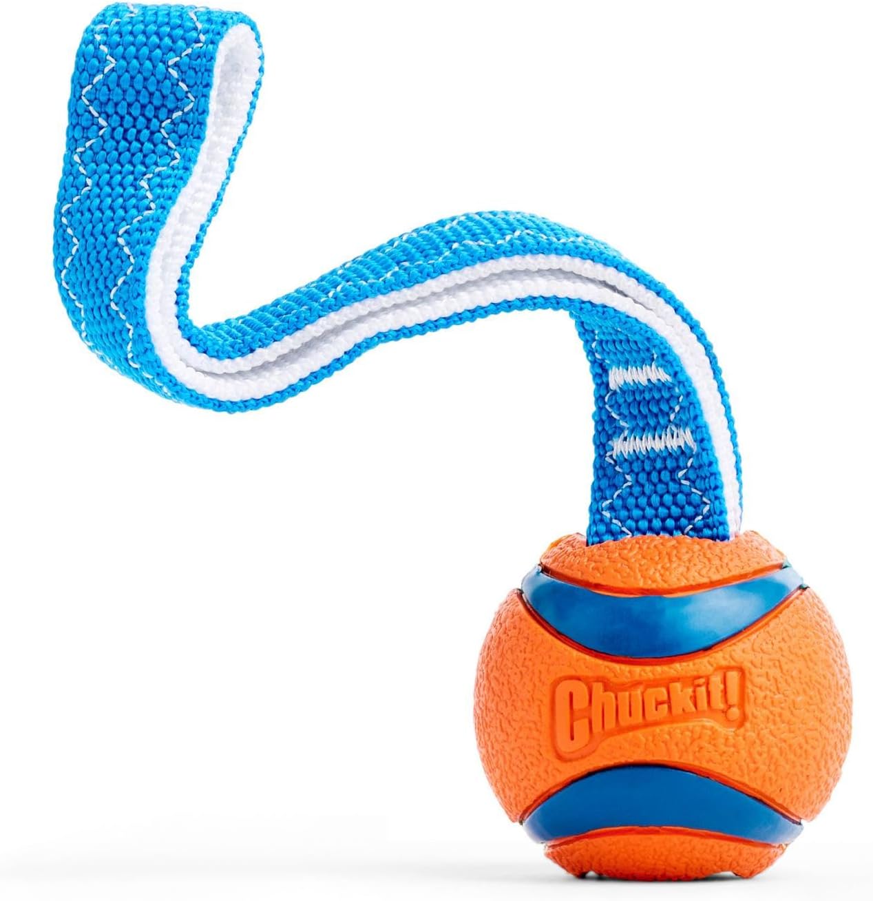 Chuckit! Ultra Tug Dog Toy - Ultra Ball on a Durable Nylon Cord Handle - Fetch and Tug-of-War Toy for Dogs - Size Large - For Breeds 60-100 lbs - 3-inch Diameter - Orange and Blue