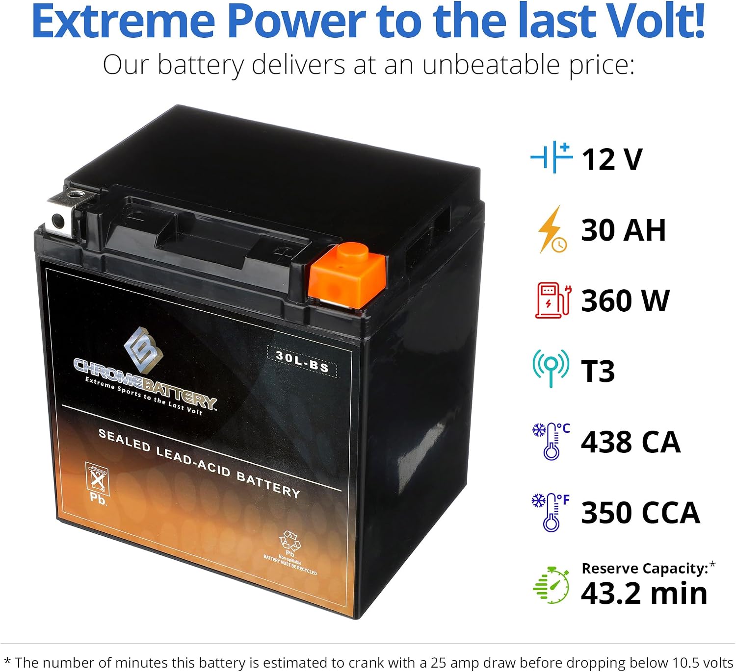 CB CHROMEBATTERY YTX30L-BS 12V 385 CCA AGM – Maintenance-Free 30Ah Battery for Harley, ATV, UTV, Snowmobile, Jet Ski – T3 Nut & Bolt Terminal – Fits Harley Touring, Polaris Sportsman 850