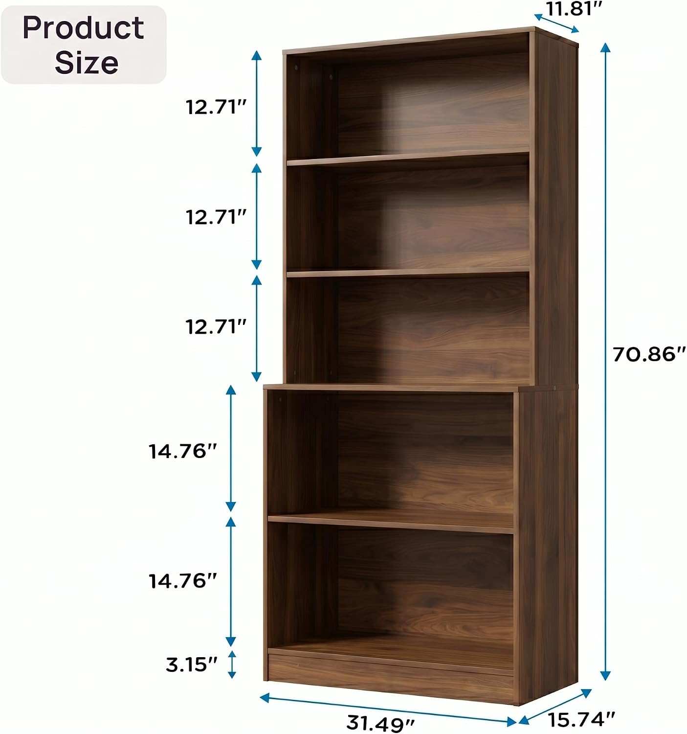holzart 71" Tall Book Shelf, 5 Tier Large Bookshelf, Standing Wood Display Book Shelf for Living Room, Office, Library with Doors, 31.5" W x 70.87" H x 11.81" D, White