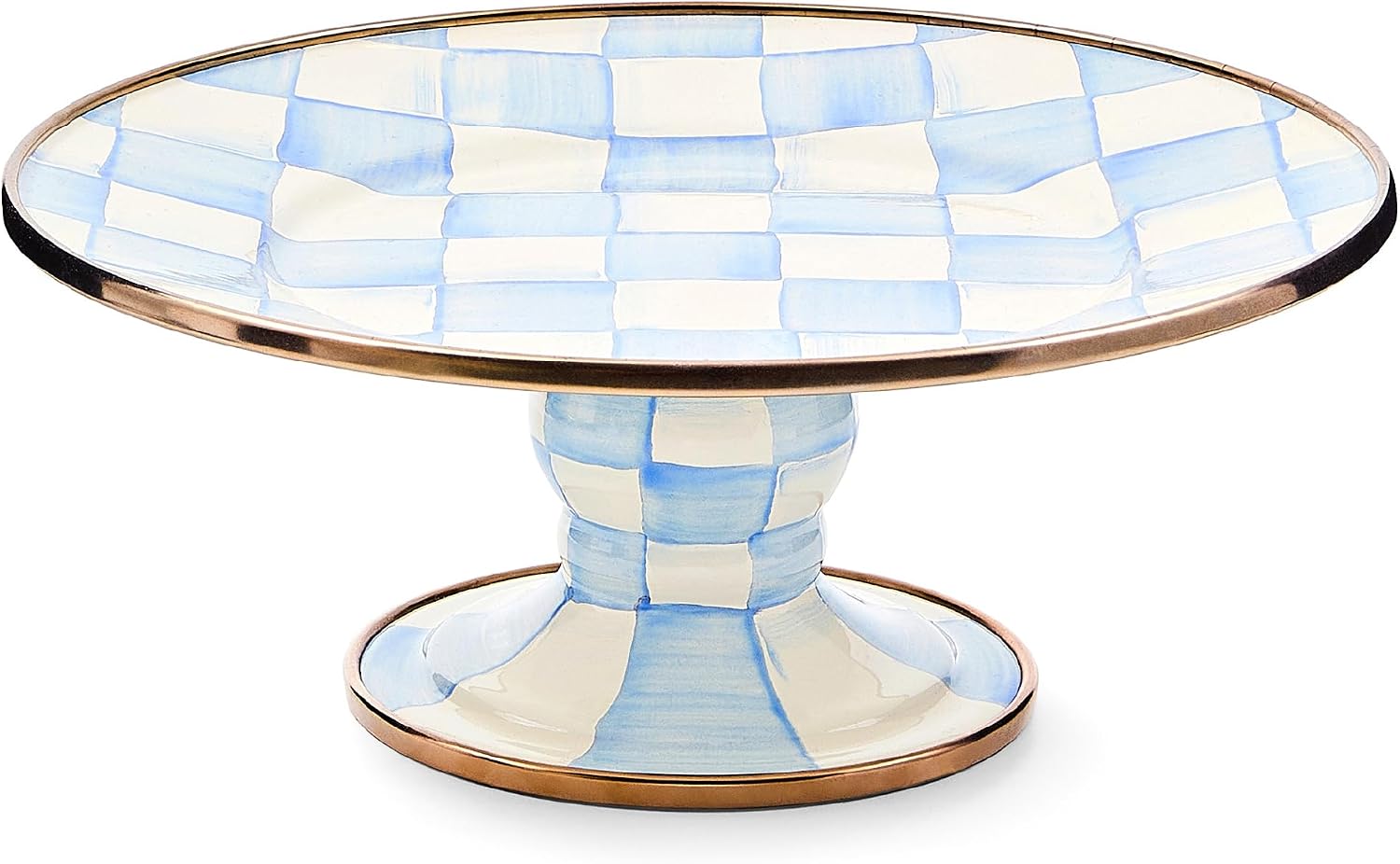 MACKENZIE-CHILDS Pedestal Platter, Mini, Black-and-White Courtly Check | Hand-painted design, made from enameled steel, stackable round cake stand for serving desserts, 8" dia. x 3" H