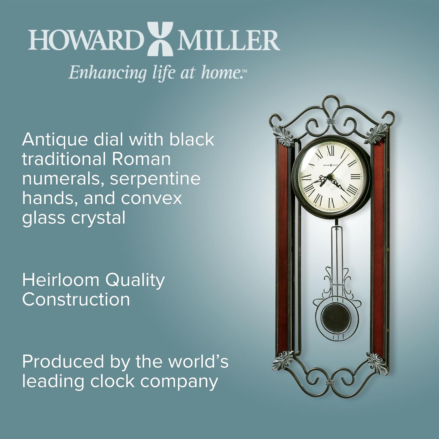 Howard Miller Carmen Pendulum Wall Clock – Wrought Iron Frame, Roman Numerals, Convex Glass Crystal, Quartz Movement