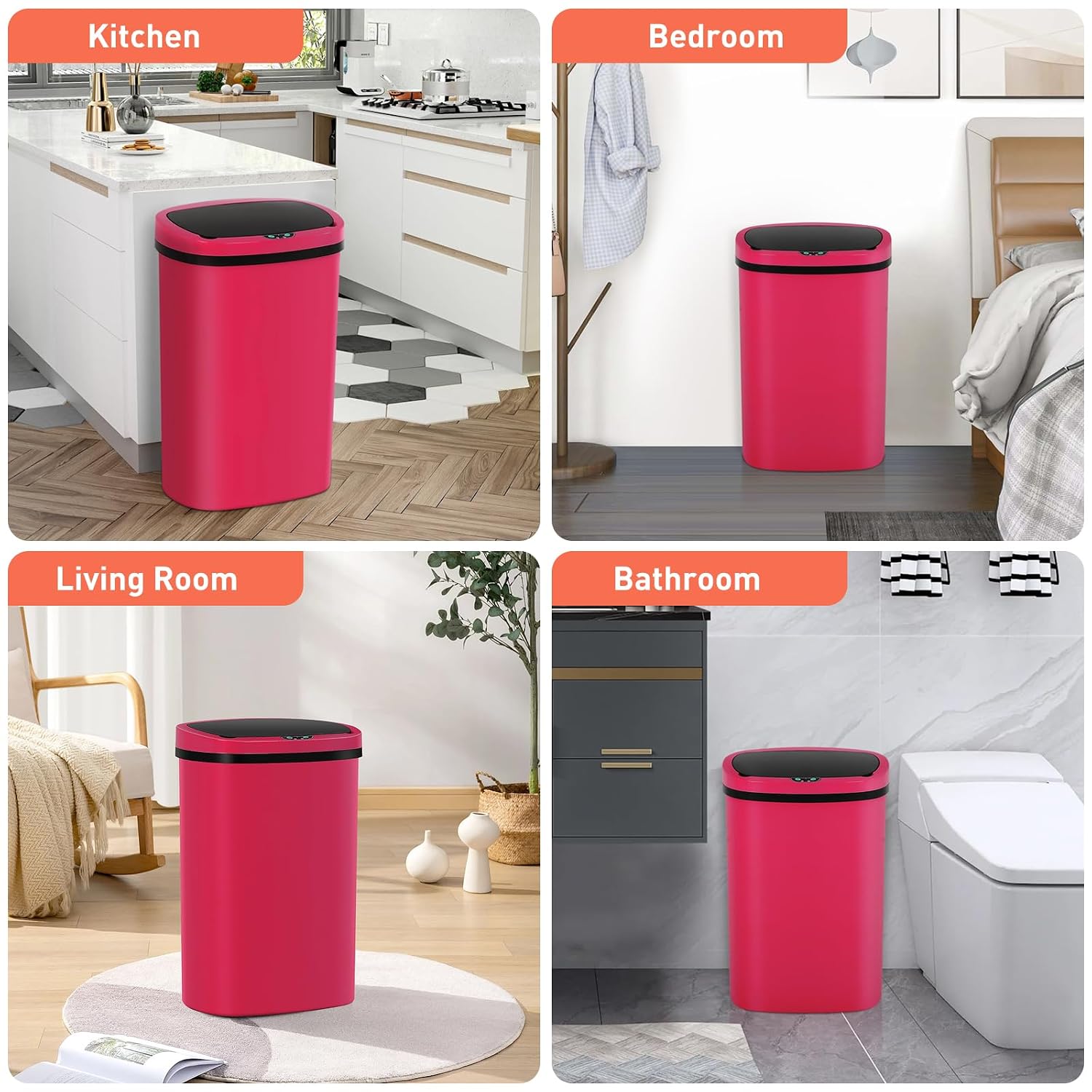 13 Gallon Touch-Free Automatic Stainless-Steel Trash Can Garbage Can Metal Trash Bin with Lid for Kitchen Living Room Office Bathroom, Electronic Motion Sensor Automatic Closure & Opening