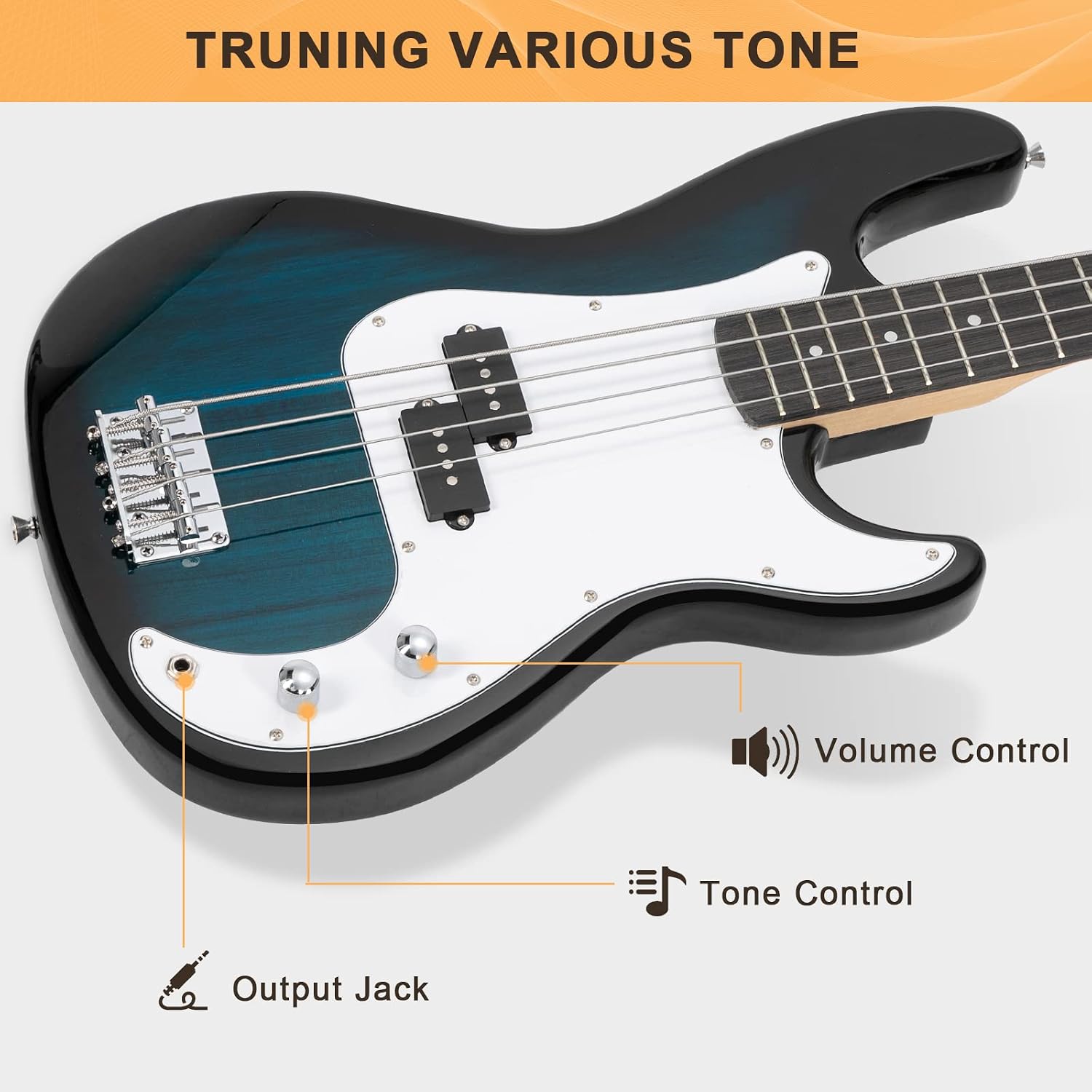 GLARRY Full Size Electric Bass Guitar Beginner Kit 4 String Exquisite Basswood Bass with 20W AMP, Cable, Strap, Bag and Accessories (Transparent Blue, 39"Right Handed)