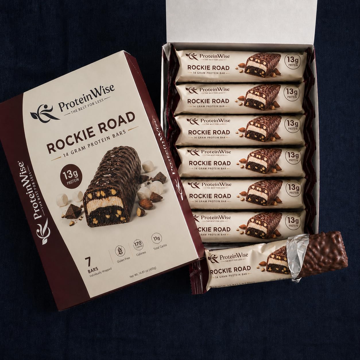 ProteinWise High Protein Bars, Rocky Road, Bariatric, Trans Fat Free, Low Carb, Low Calorie, Diet Healthy Snack, 7 Count
