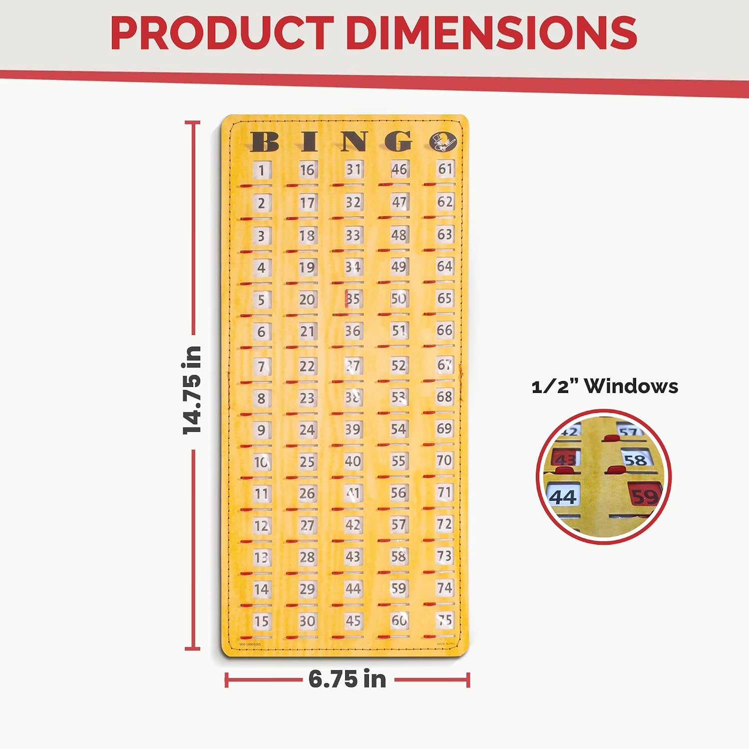 MR CHIPS Large 14.75" L x 6.75" W Jam-Proof Finger Tip Bingo Master Board Card with Large 3/4" Sliding Windows, Thick 5 Ply Cardboard, Gold Rush Style