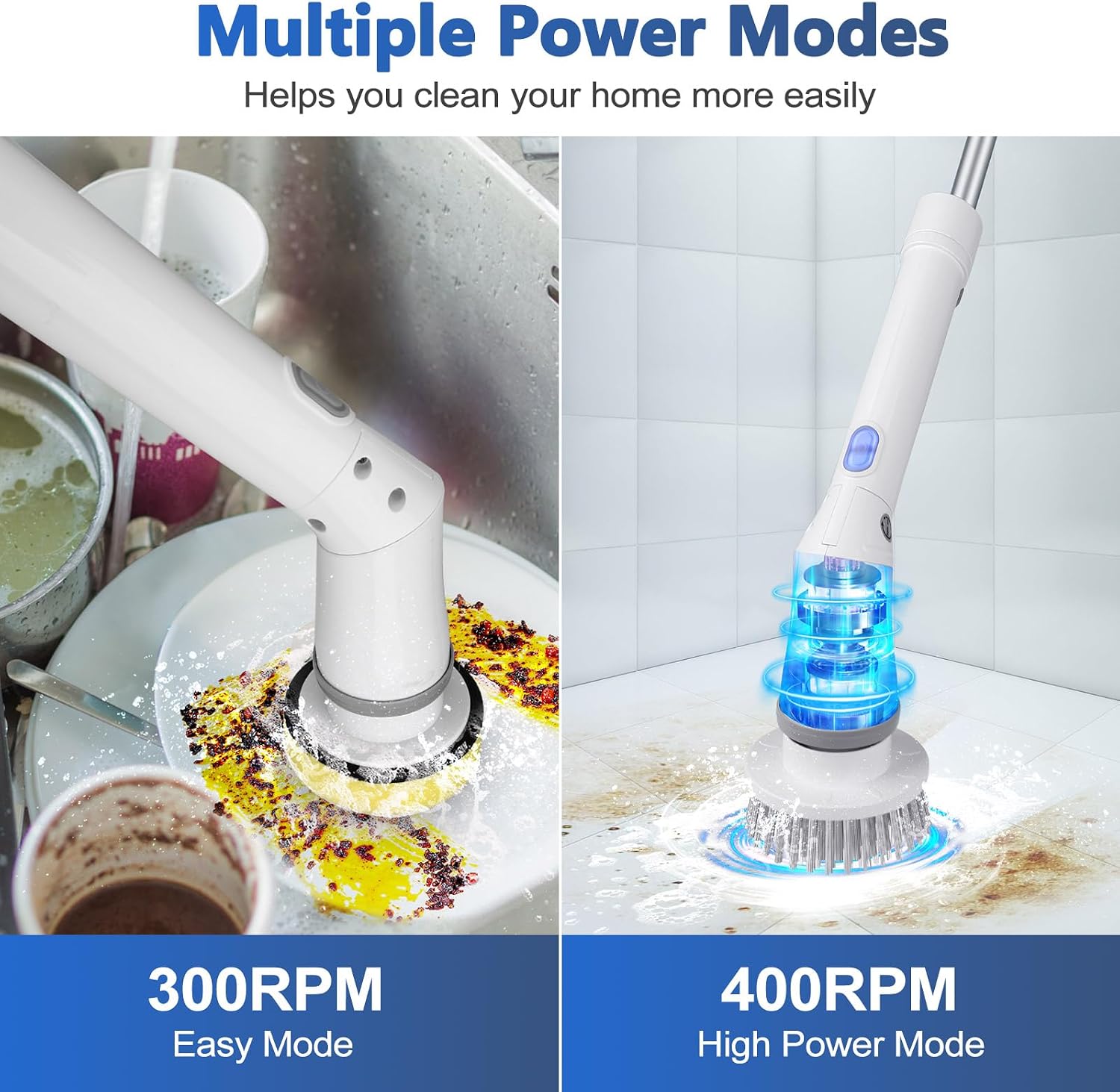 Qimedo Electric Spin Scrubber Q3, 6000mAh, Extra-Large Brush Head, 1200RPM | Floor Scrubber Machine with Long Handle, Cordless Cleaning Brush, 8 Brush Heads and Smart Display for Showers, Tubs and Tile