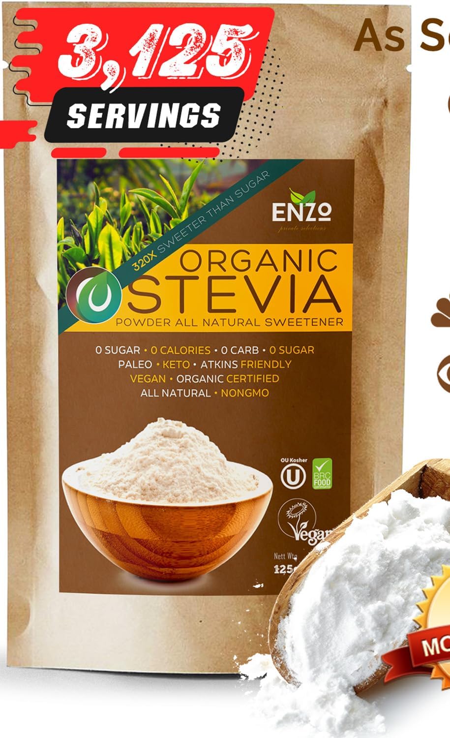 Enzo Organic Stevia Powder 125g (4.4oz / 3125-Servings) - Premium USDA Certified All Natural Alternative-Sweetener 320x Sugar Free Non-GMO 0