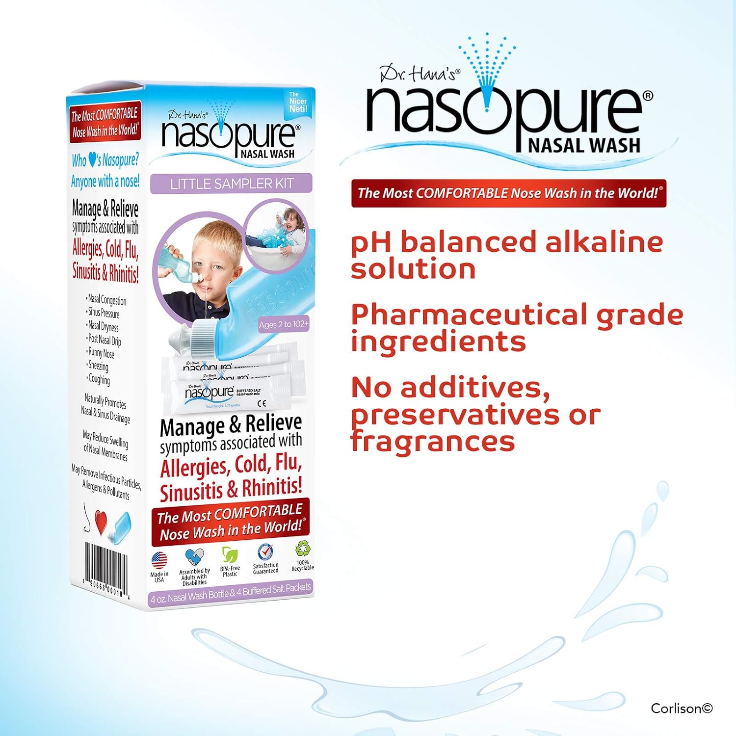 DR HANA'S NASOPURE Nasal Wash, “The Nicer Neti Pot” Little Sampler Sinus Wash Kit, Comfortable Rinse, 4 Oz