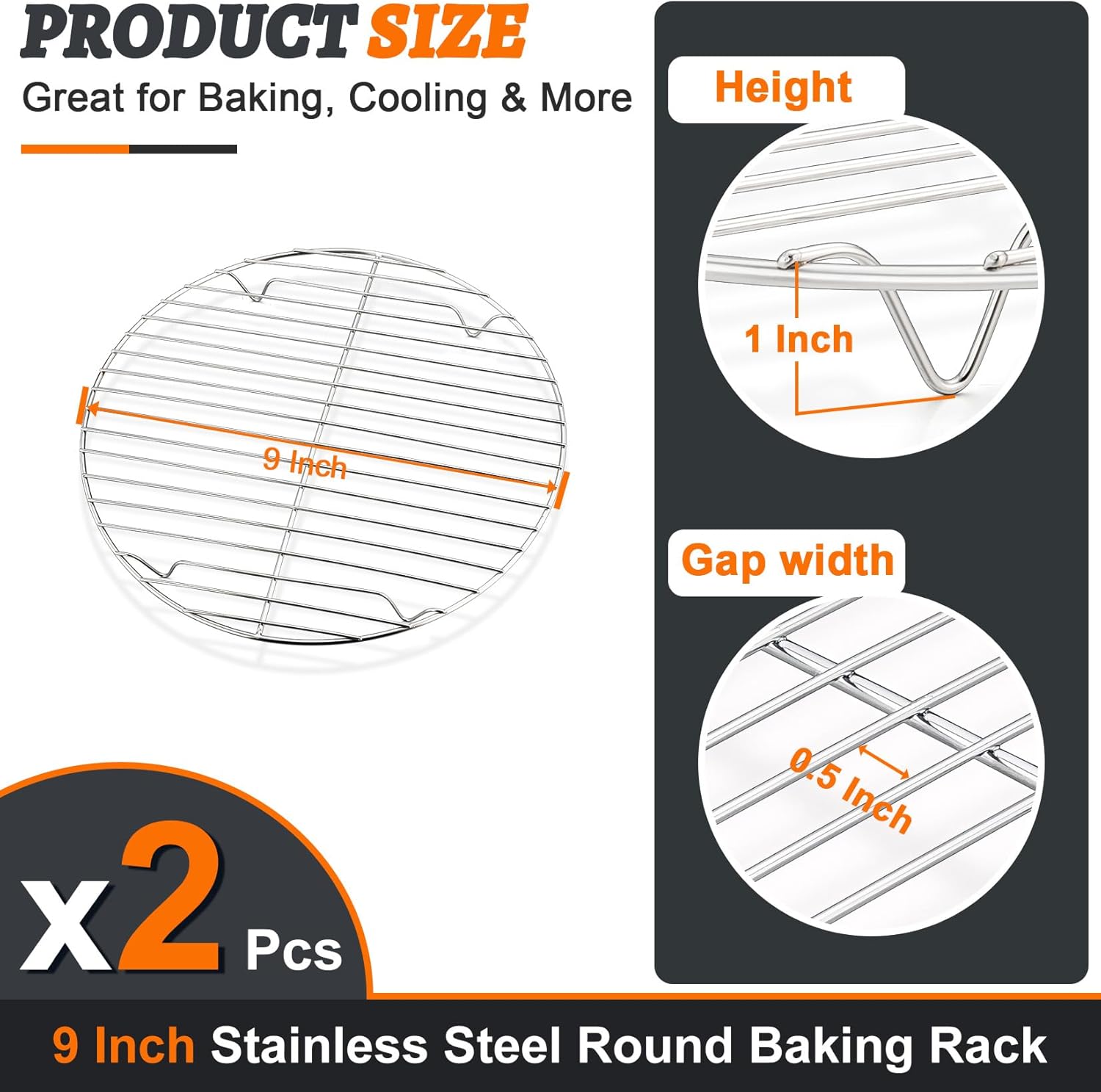 P&P CHEF 9 Inch Cooking Rack Round for Steaming Cooling, Silver, 2 Pack