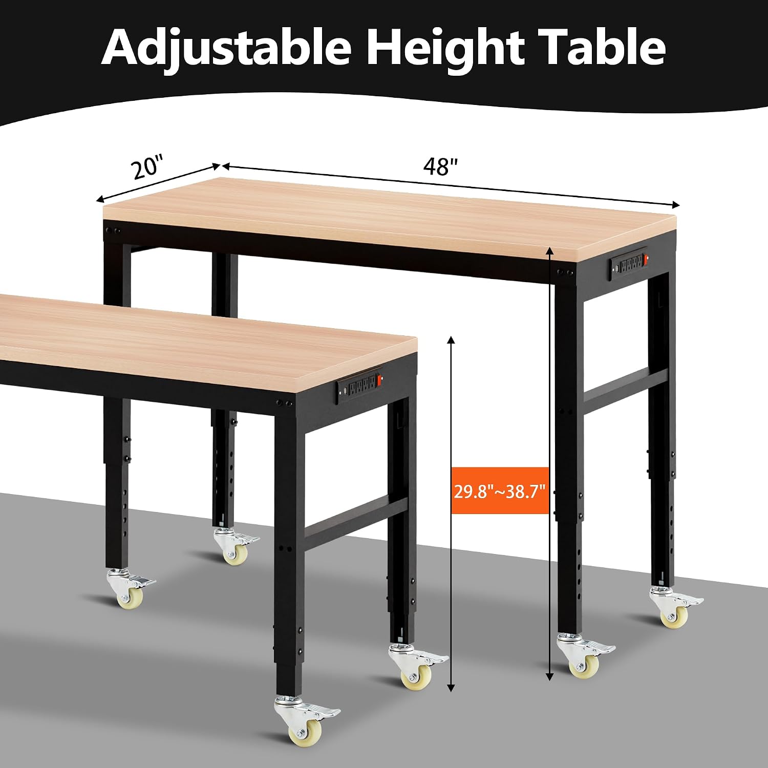 Antifir 60" Adjustable Workbench, Heavy Duty Wood Workstation | Garage Workbench, 2000 LBS Load Capacity, Work Table with Power Outlet and Foot Pads for Commercial, Workshop, Office, Home