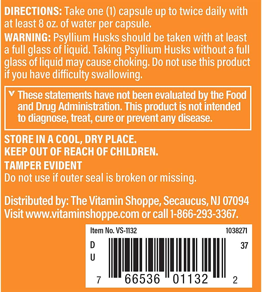 The Vitamin Shoppe Psyllium Husks Plantago Ovata Fiber Supplement (300 Capsules)