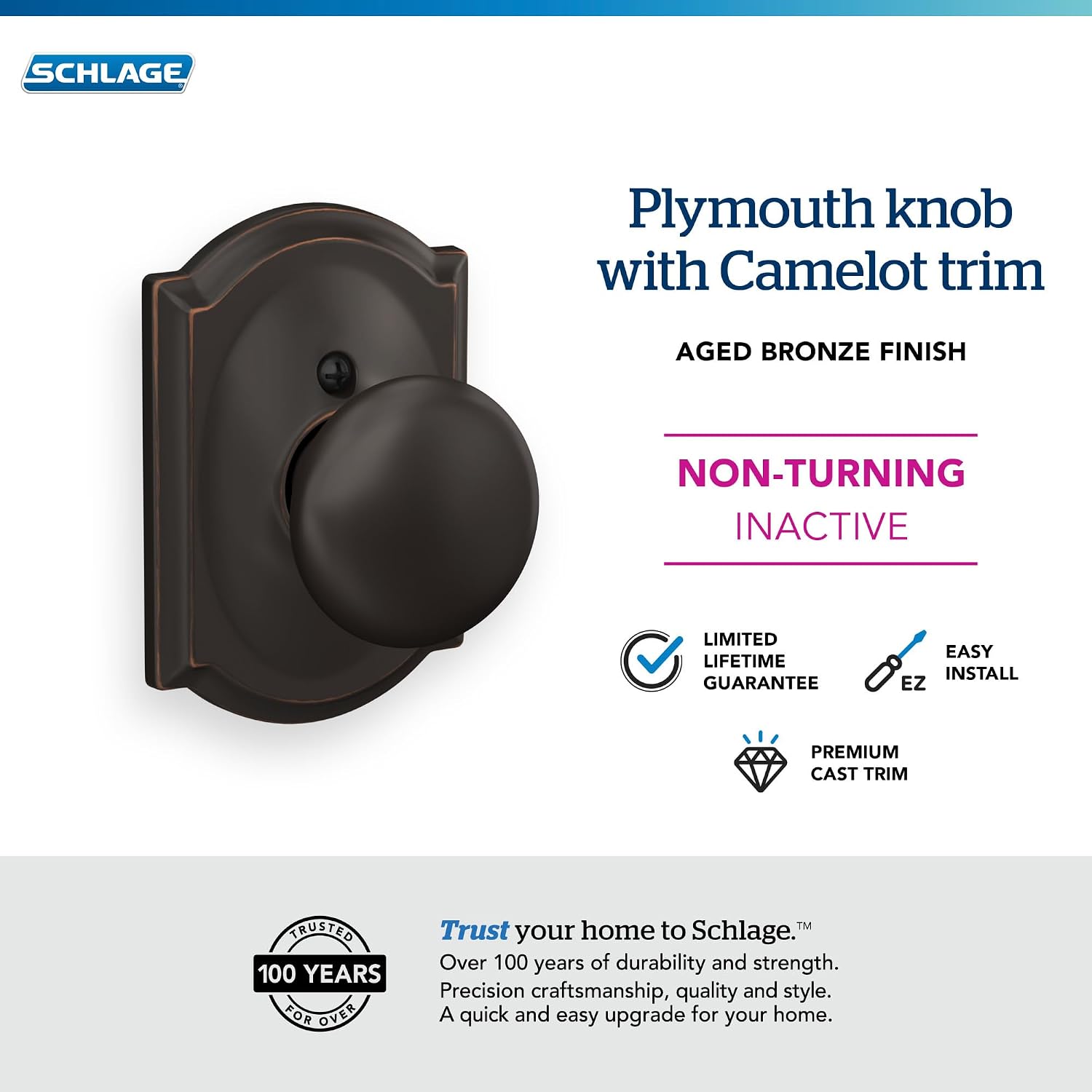 Schlage Plymouth Bed/Bath Privacy Door Knob with Lock, Satin Nickel | Interior bedroom or bathroom door knob with push button lock, Easy to install, Certified durability, Universal fit