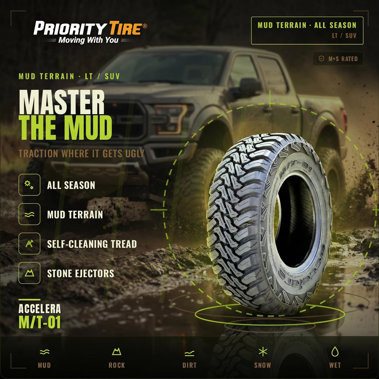 Accelera M/T-01 LT31X10.50R15 109Q Mud Terrain C (6 Ply) All Season Tire | Light Truck Mud Terrain All Season Traction 109Q Rated C (6 Ply) Radial Construction Black Sidewall Tire