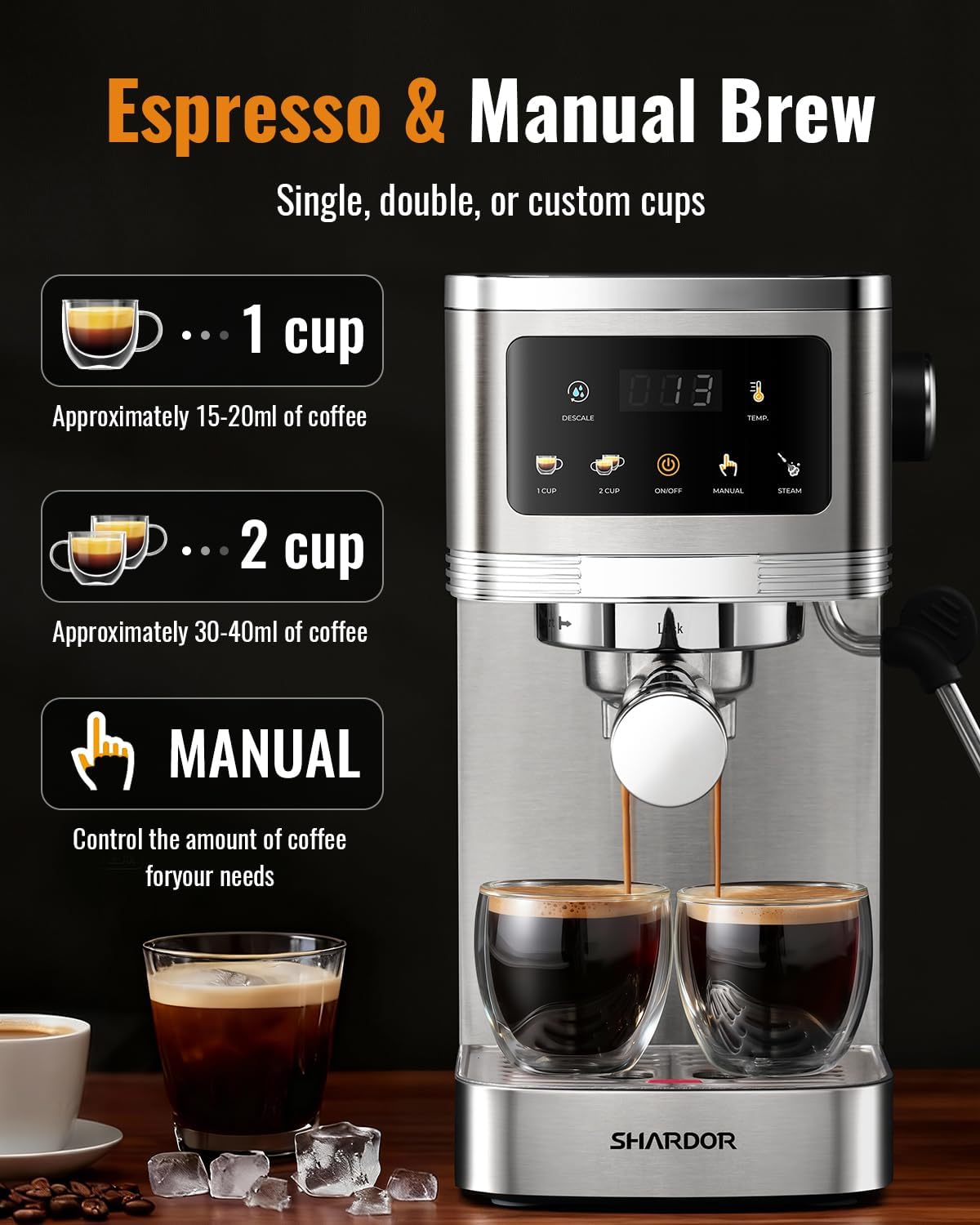SHARDOR Espresso Machine 20 Bar, Professional Espresso Machine with Milk Frother and Touchscreen, Expresso Coffee Machines with Adjustable Temperature,for Cappuccino, Latte, Stainless Steel, White