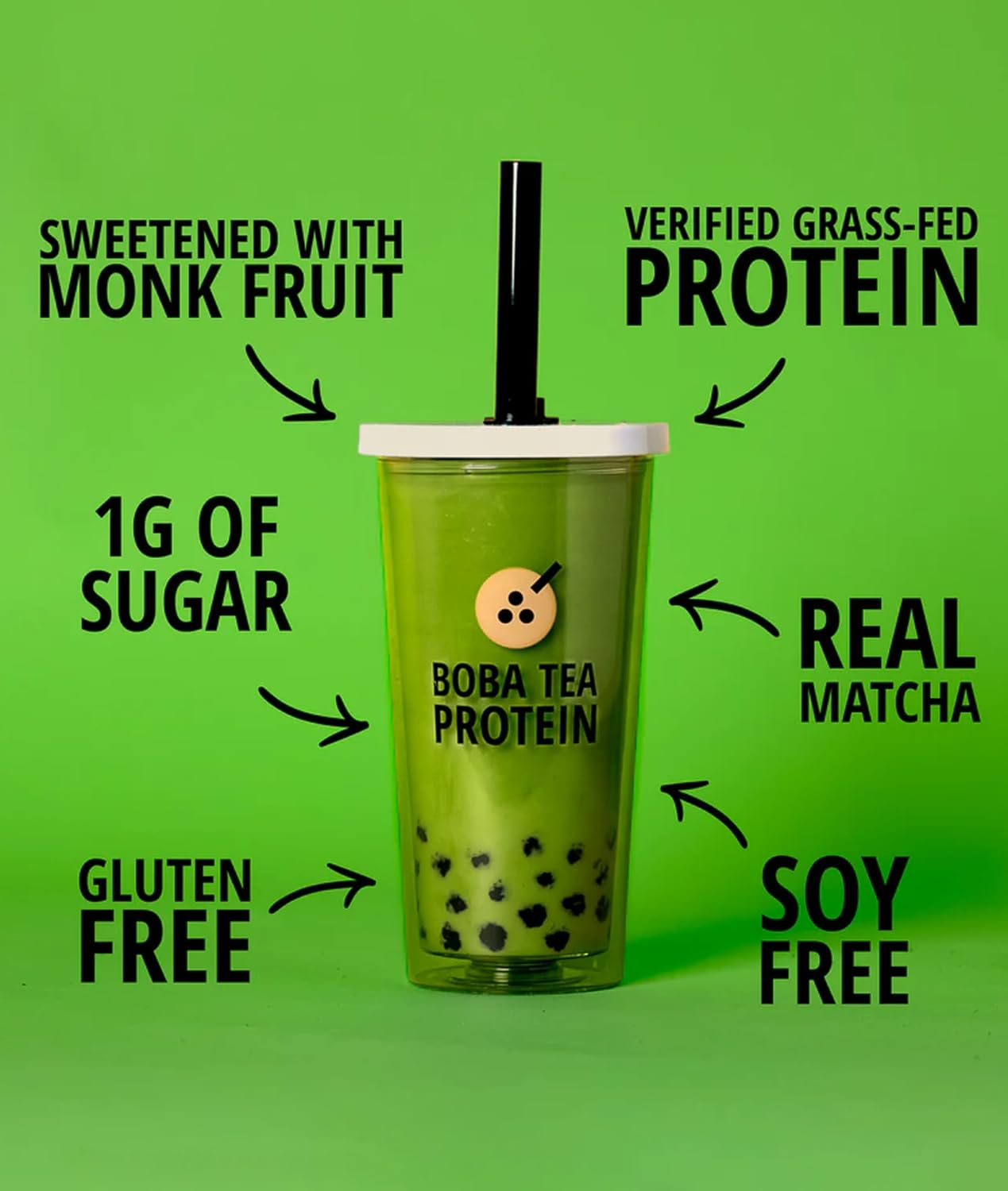 Boba Tea Protein Matcha Latte | 25g Grass-Fed Whey Protein Isolate Powder | Gluten-Free & Soy-Free Bubble Tea Protein Drink | Real Ingredients &