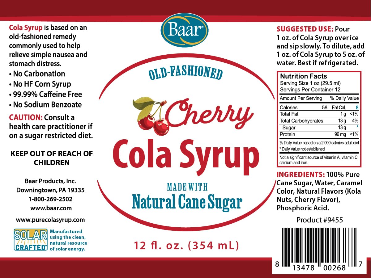Baar Caffeine-Free Cola Syrup with Pure Cane Sugar, 12 oz | Non-Carbonated Cola Syrup, No High Fructose Corn Syrup, Made with Pure Cane Sugar for Mixing Drinks and Recipes