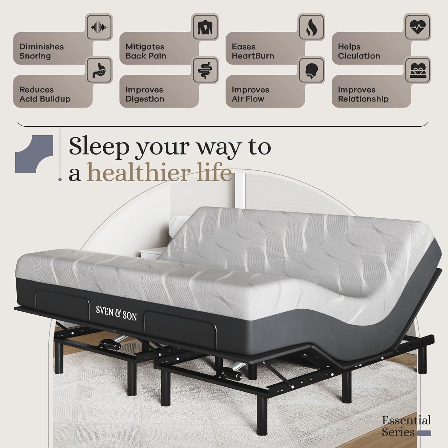 Sven and Son Essential Adjustable Bed Base (Frame) + 12 inch Memory Foam Matt (Medium), Easy Assembly, Head and Foot Lift, Memory Positions