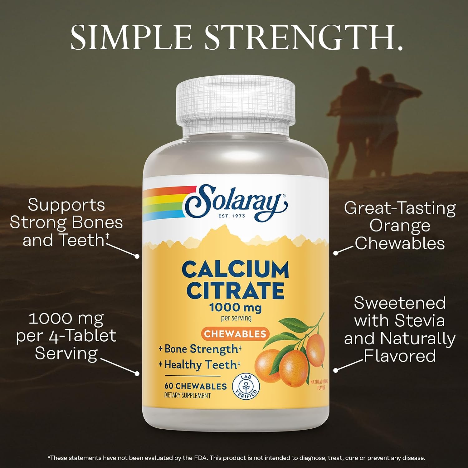 SOLARAY Calcium Citrate 1000 mg, Orange Flavor, 60 Chewables | Bone & Teeth Support - Natural Orange Flavor - 1000 mg Calcium Citrate - 15 Servings - Vegan, Gluten Free, Lab Verified